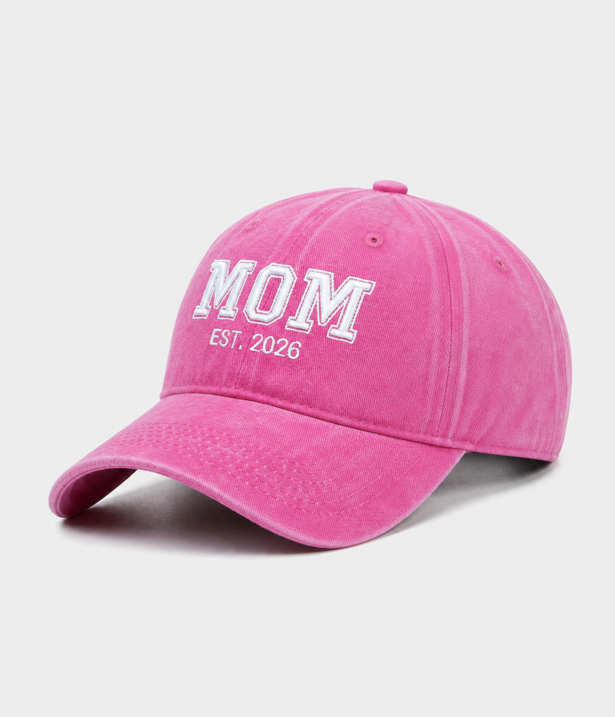 WASHED MOM EST 2026. washed cotton dad cap in ROSE, side view