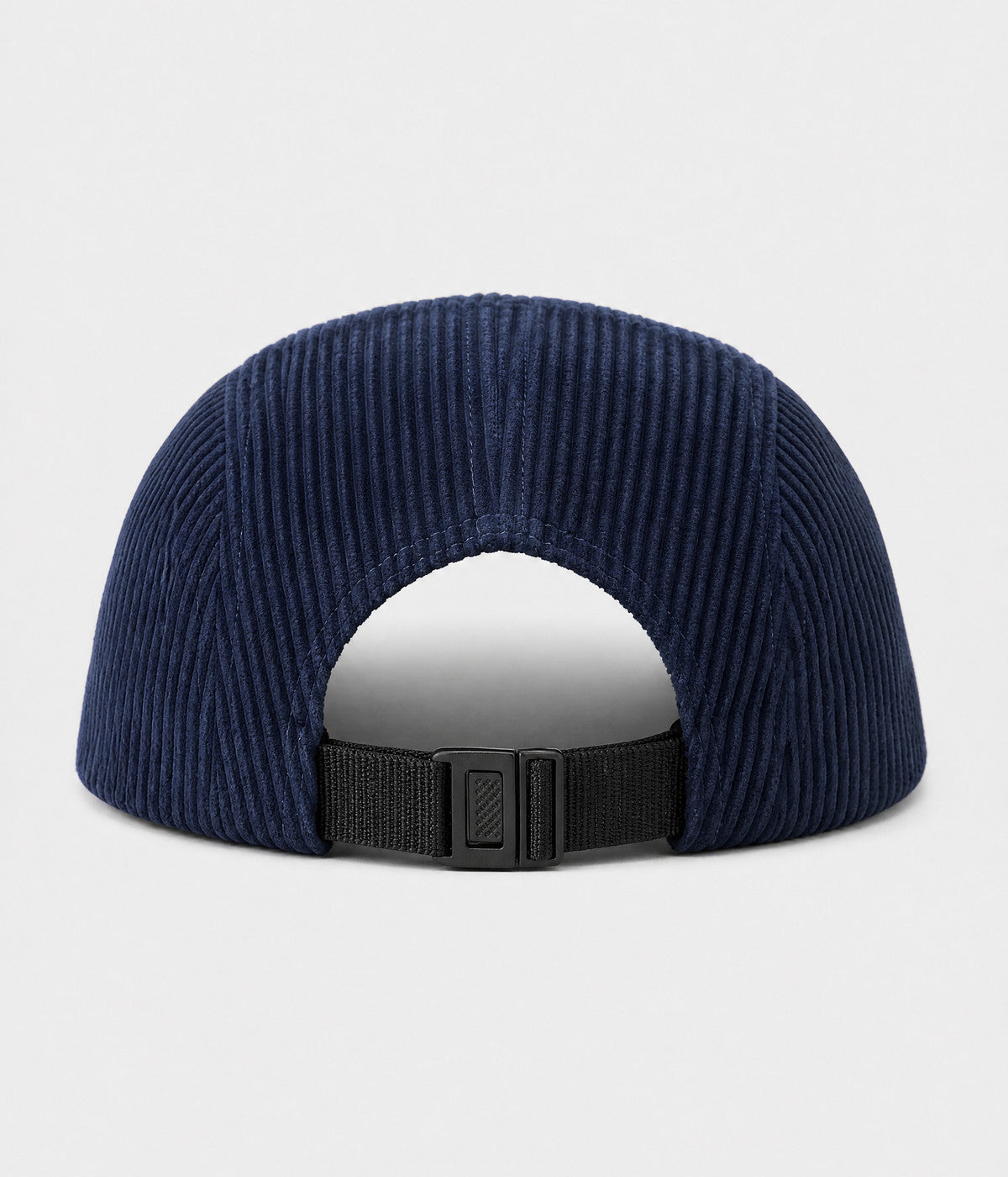 CORDUROY CAMP. wide-wale corduroy five-panel camp cap in navy, back view