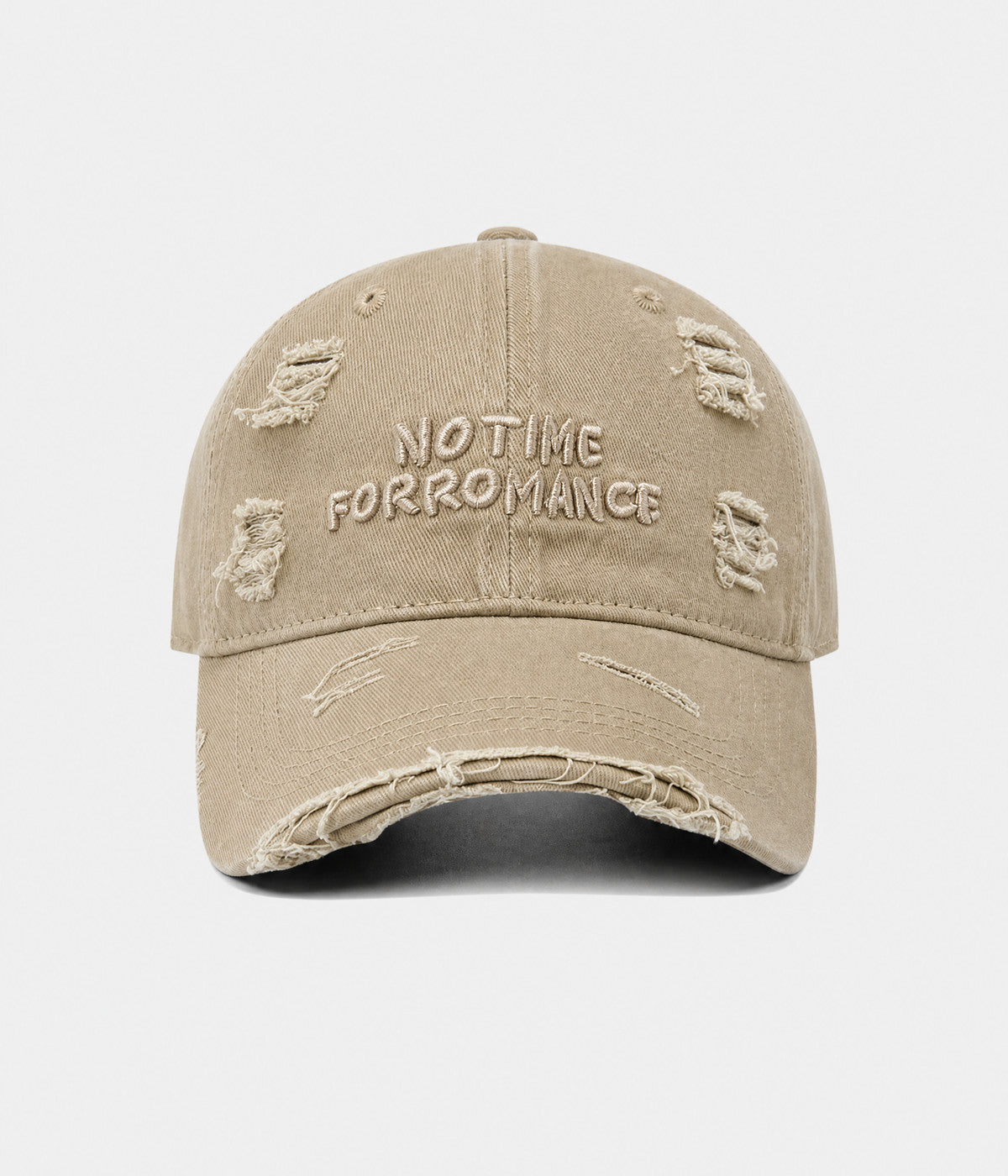 NO TIME FOR ROMANCE. washed cotton cap in KHAKI, front view