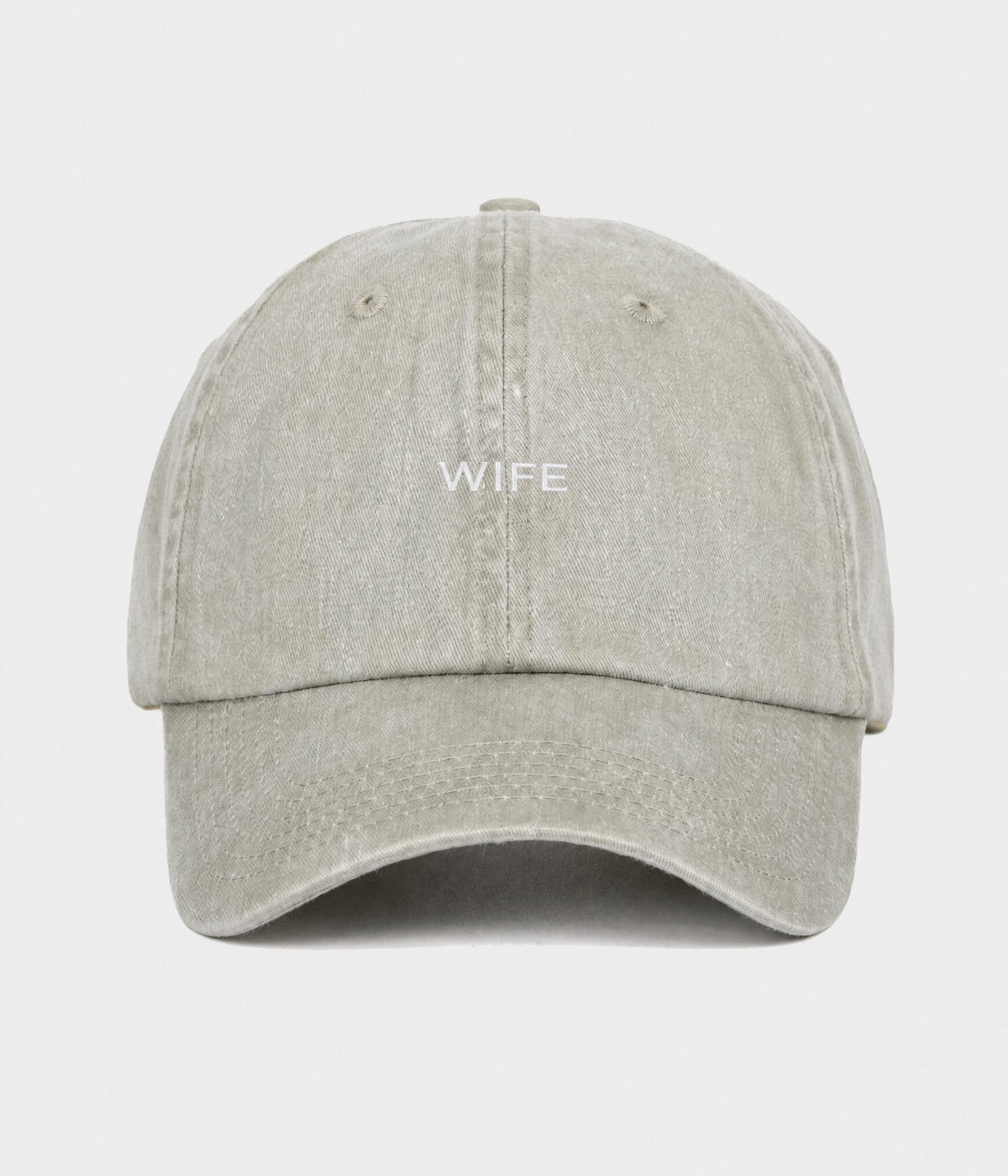 WASHED WIFE. washed cotton dad cap in GRAYISH SHEEN, front view
