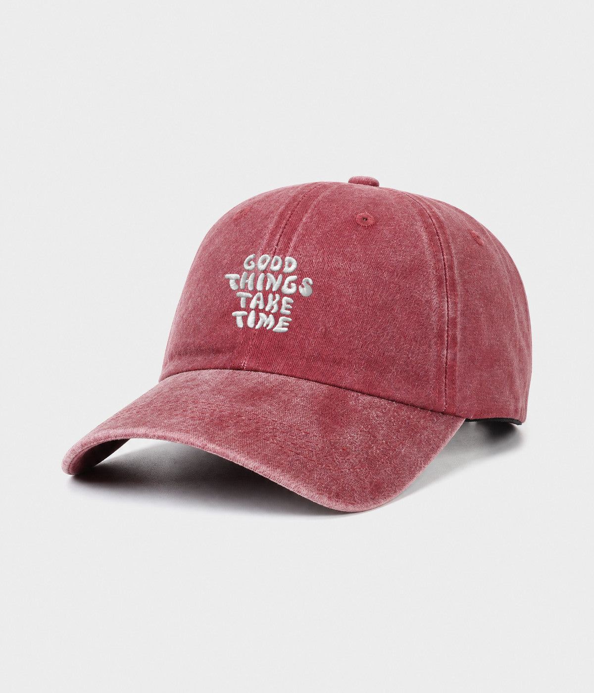 GOOD THINGS TAKE TIME. washed cotton dad cap in red, side view