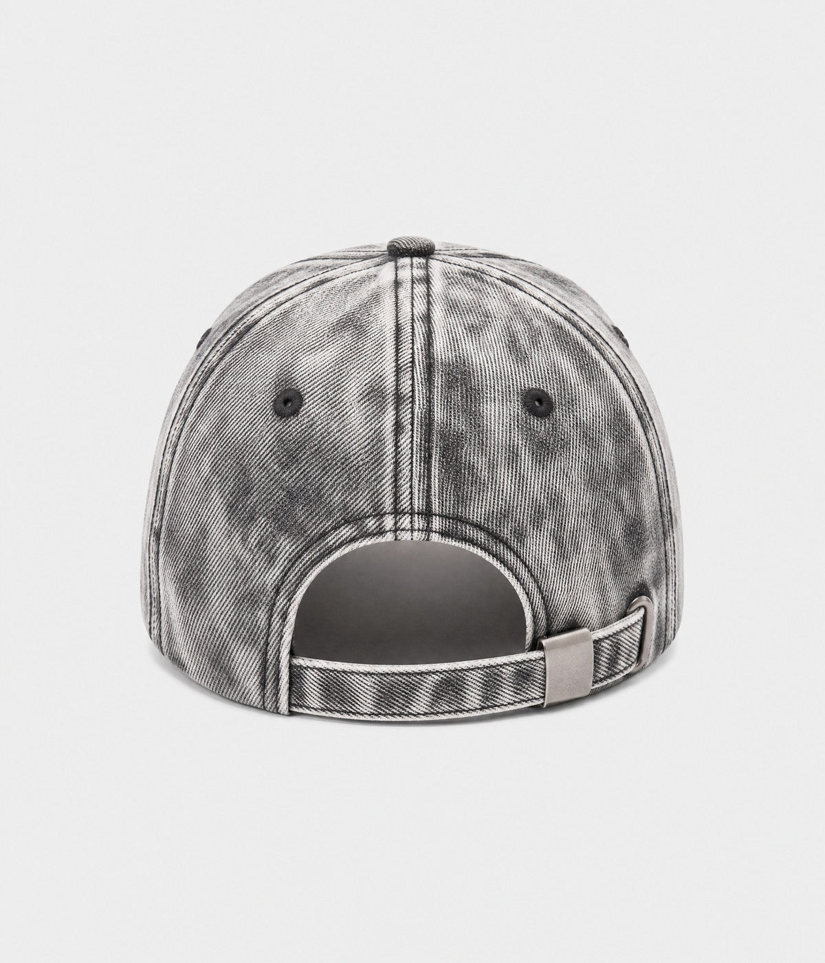 SNOW WASH DENIM. acid-washed denim cap in dark gray, back view