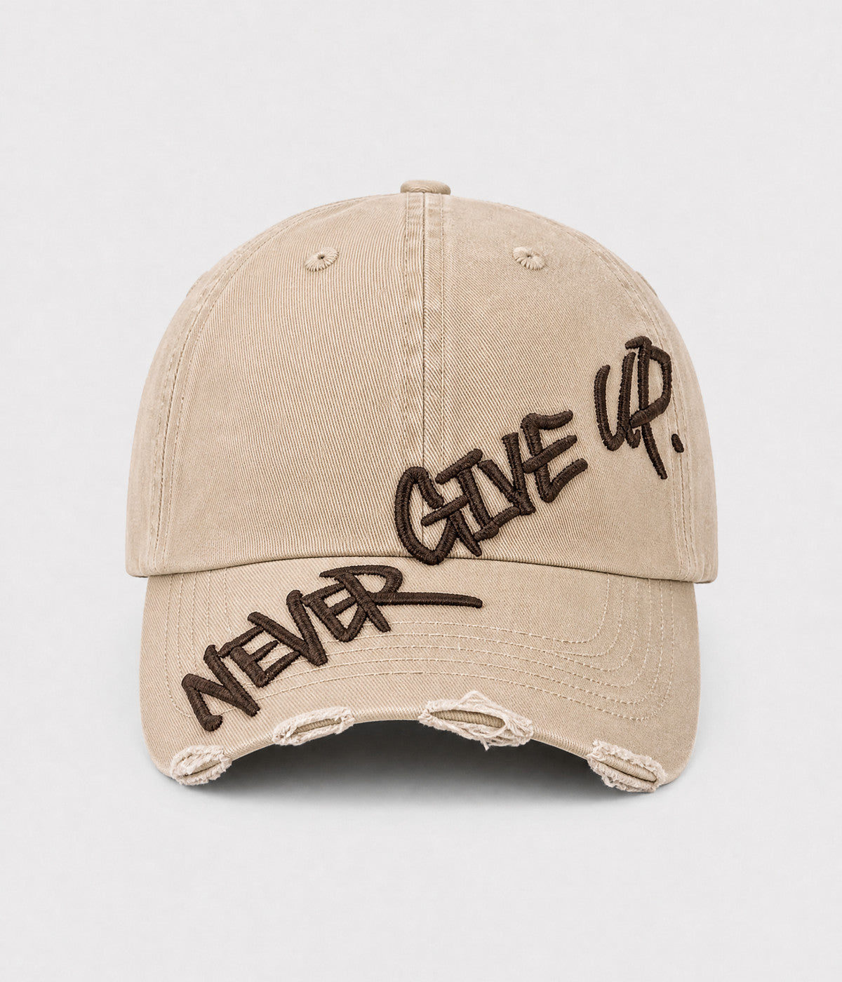 NEVER GIVE UP. washed distressed cotton dad cap in KHAKI, front view