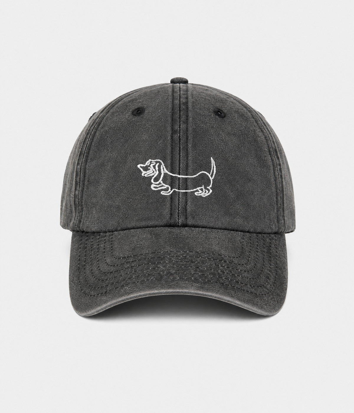 WASHED SAUSAGE DOG. washed cotton cap in BLACK, front view