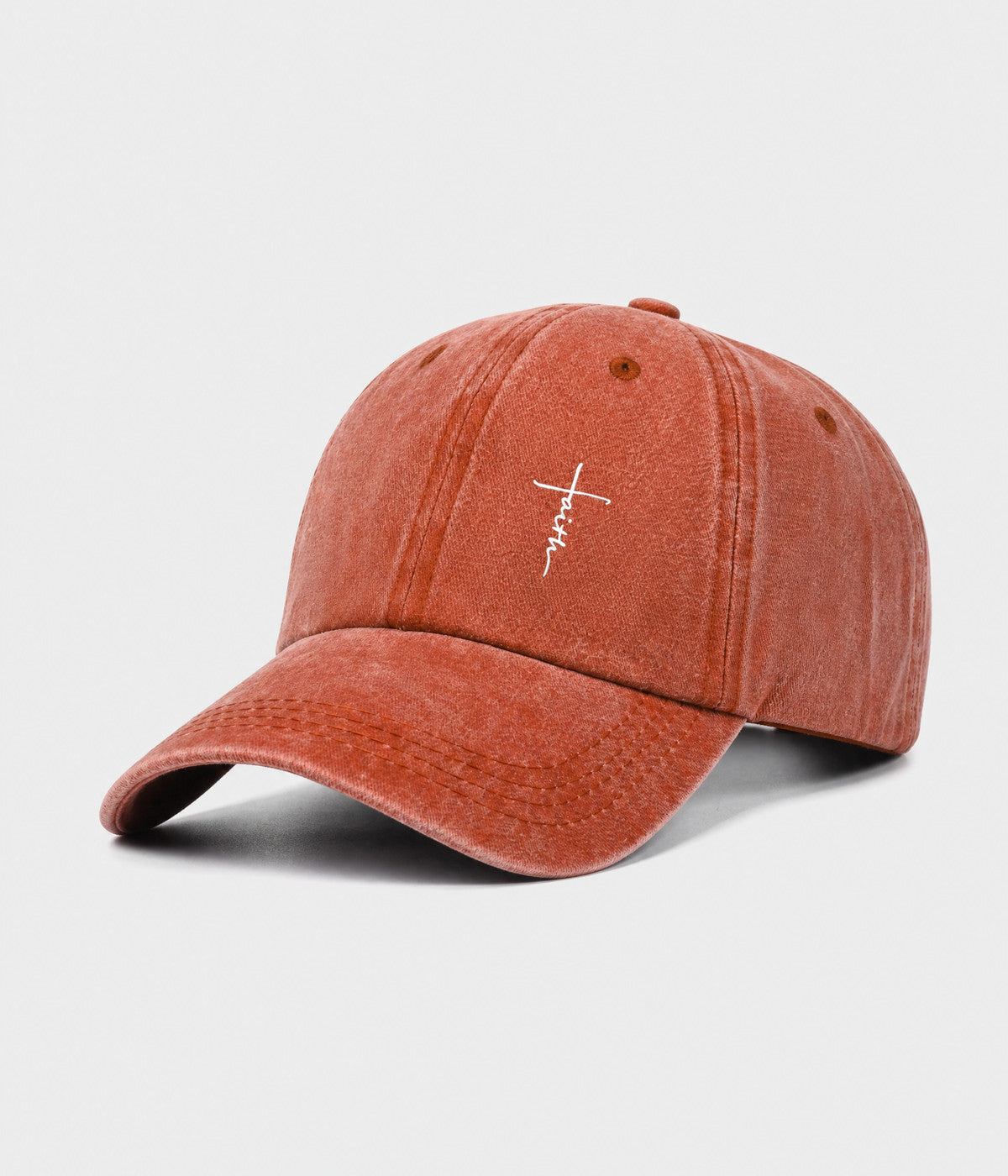 FAITH CROSS. washed cotton cap in RUST, side view