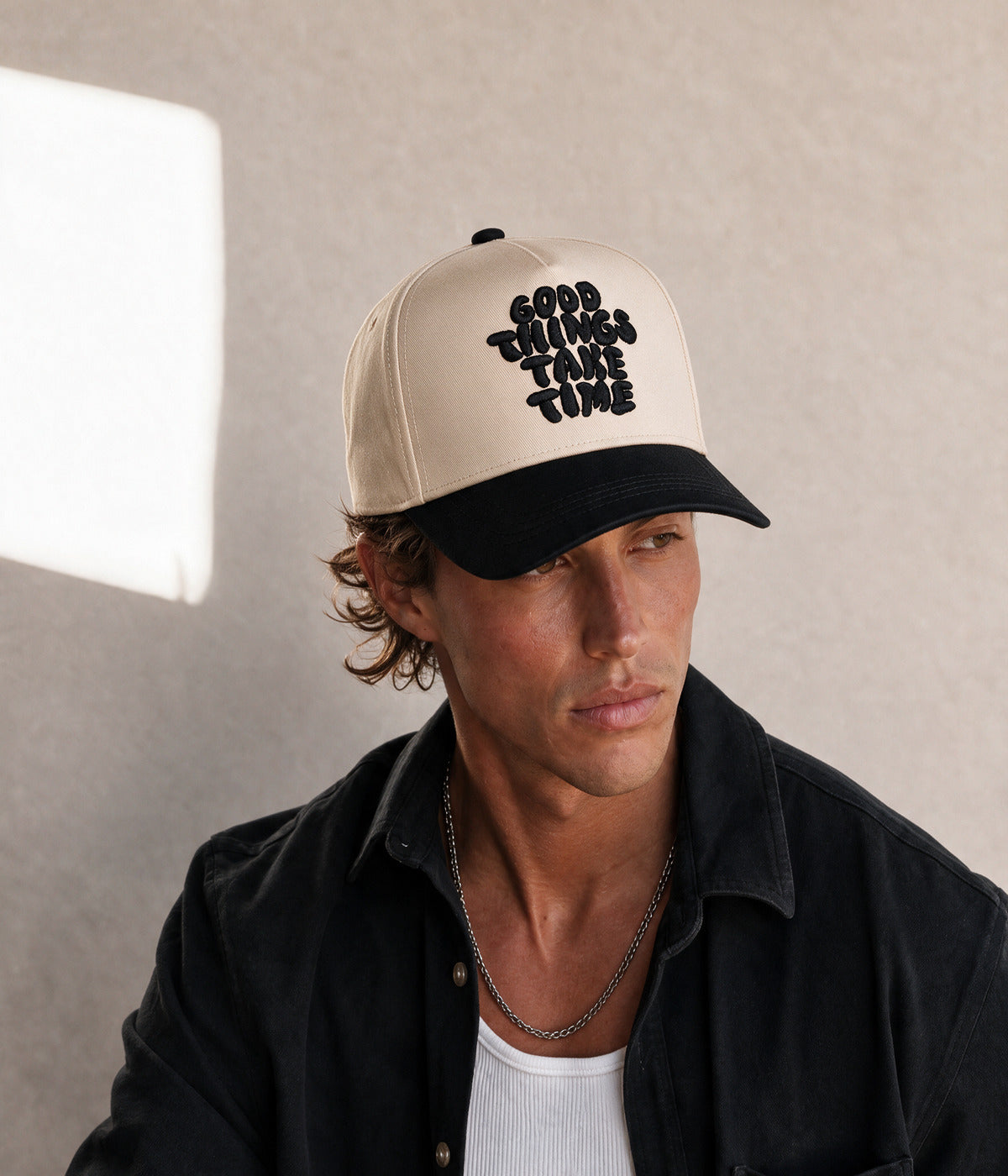 GOOD THINGS TAKE TIME SNAPBACK. — BLACK worn