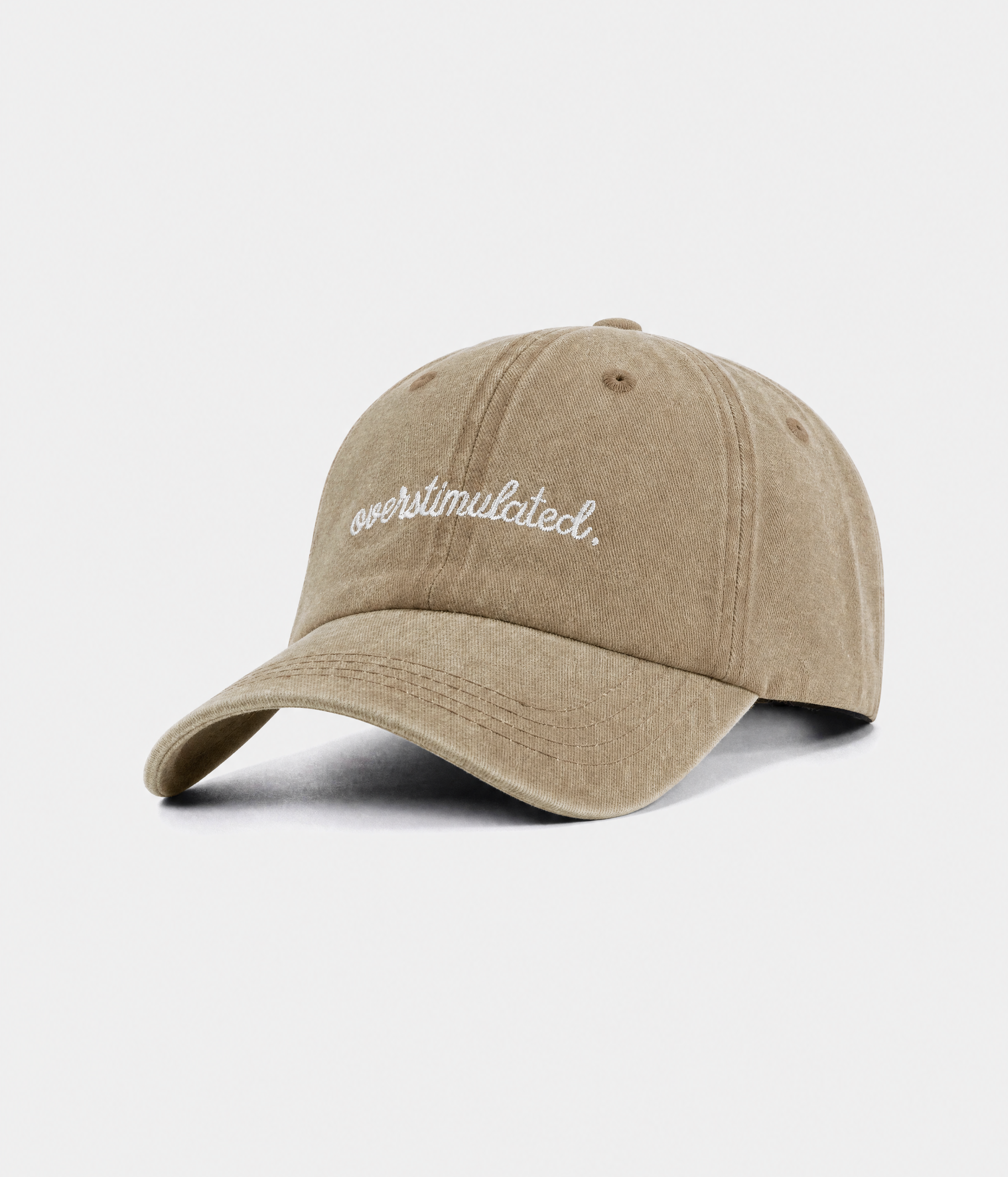 OVERSTIMULATED. washed cotton dad cap in khaki, side view