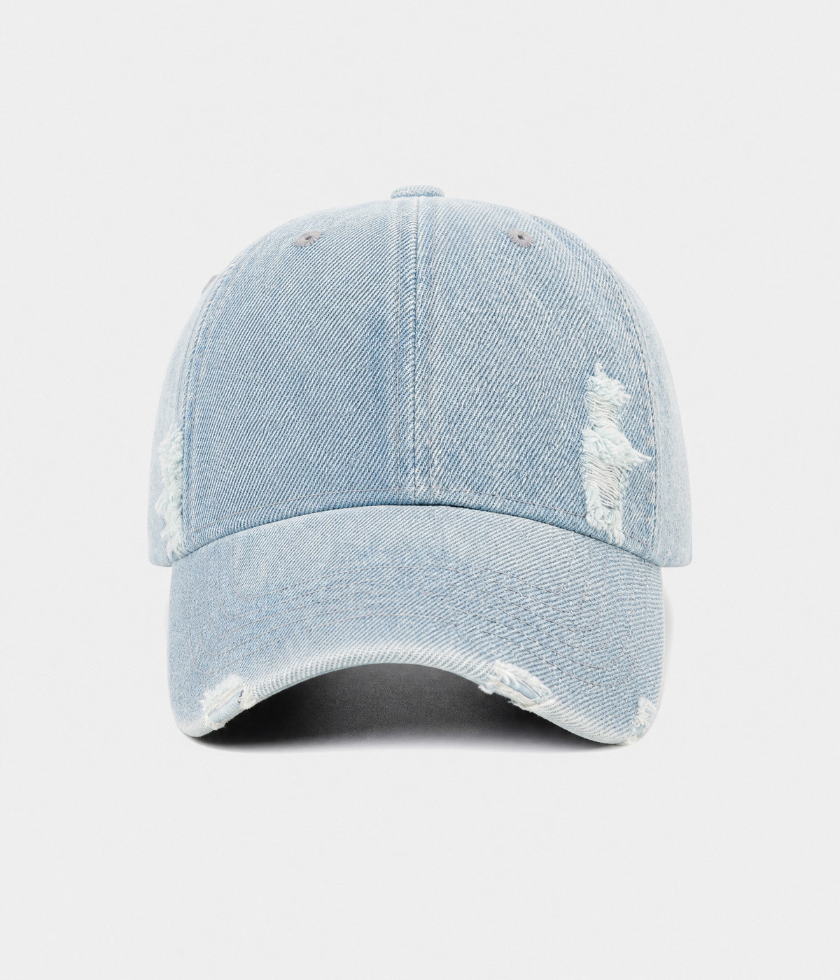 RIPPED DENIM. washed cotton denim cap in light blue, front view