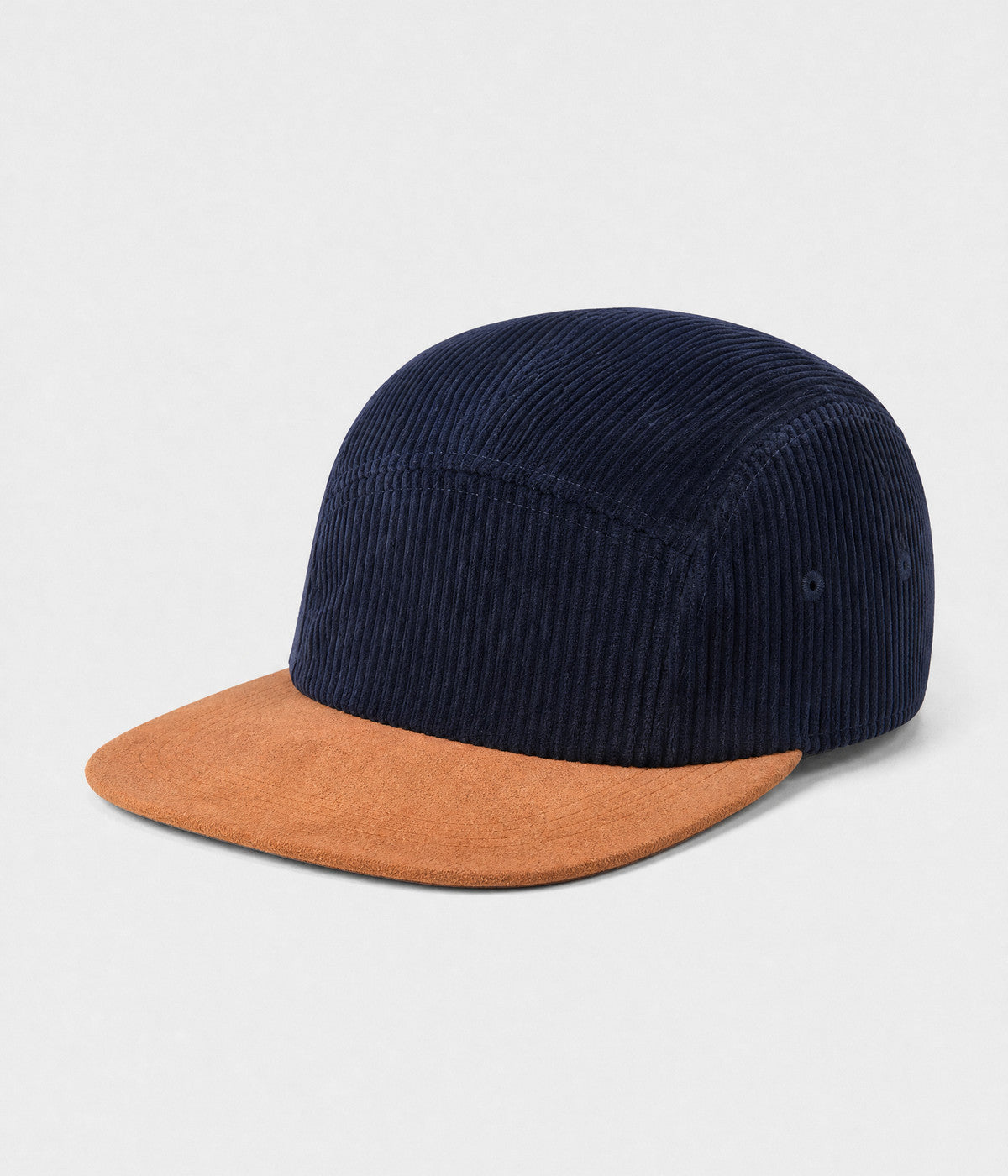 CORDUROY CAMP. wide-wale corduroy five-panel camp cap in navy, side view