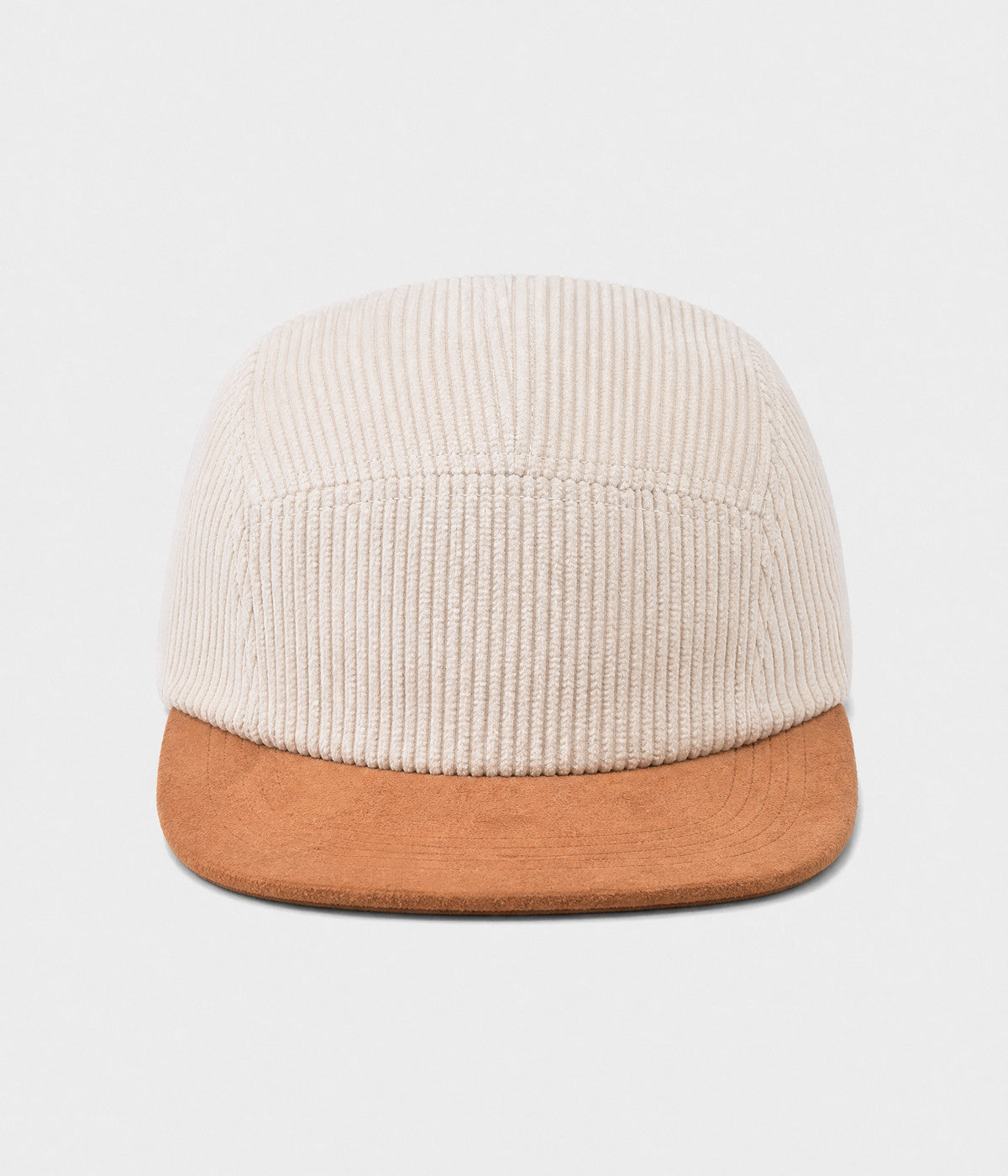 CORDUROY CAMP. wide-wale corduroy five-panel camp cap in beige, front view