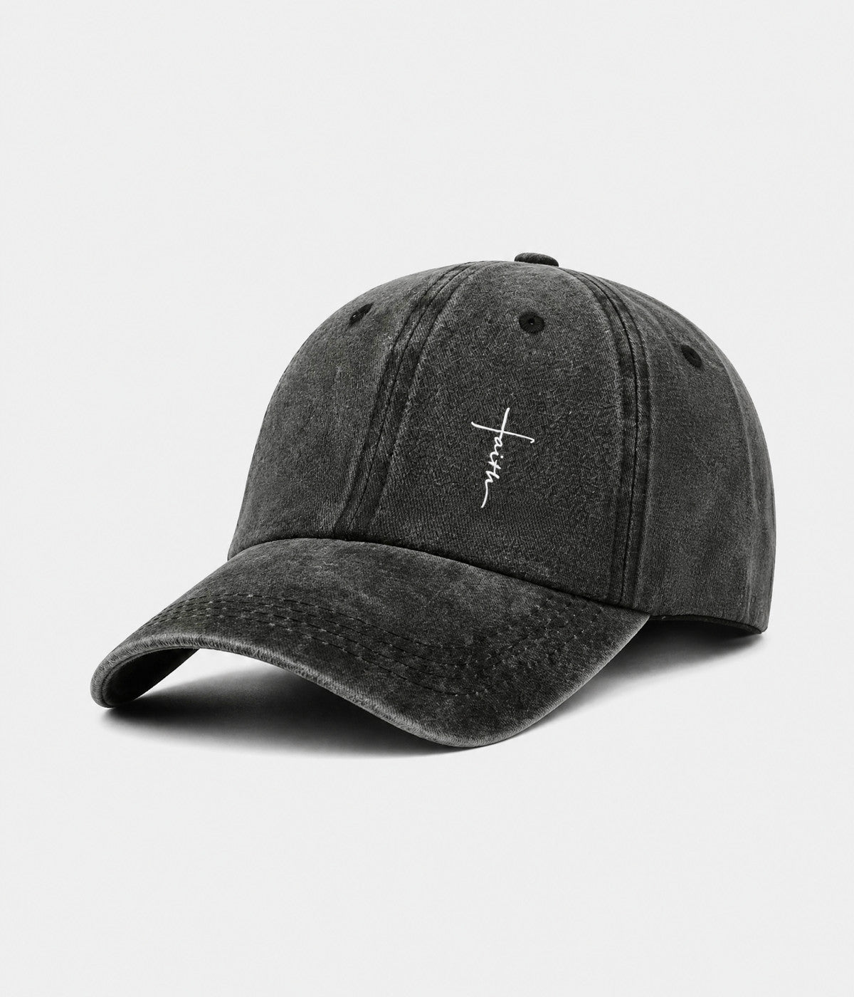FAITH CROSS. washed cotton cap in BLACK, side view