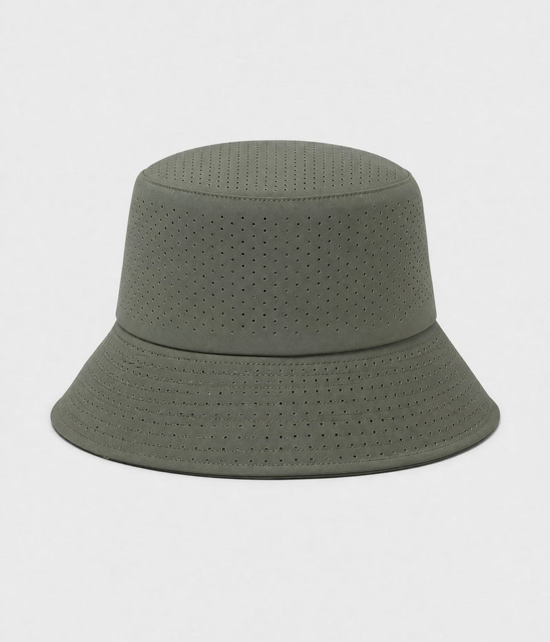 PERFORATED BUCKET. perforated bucket hat in army green, front view