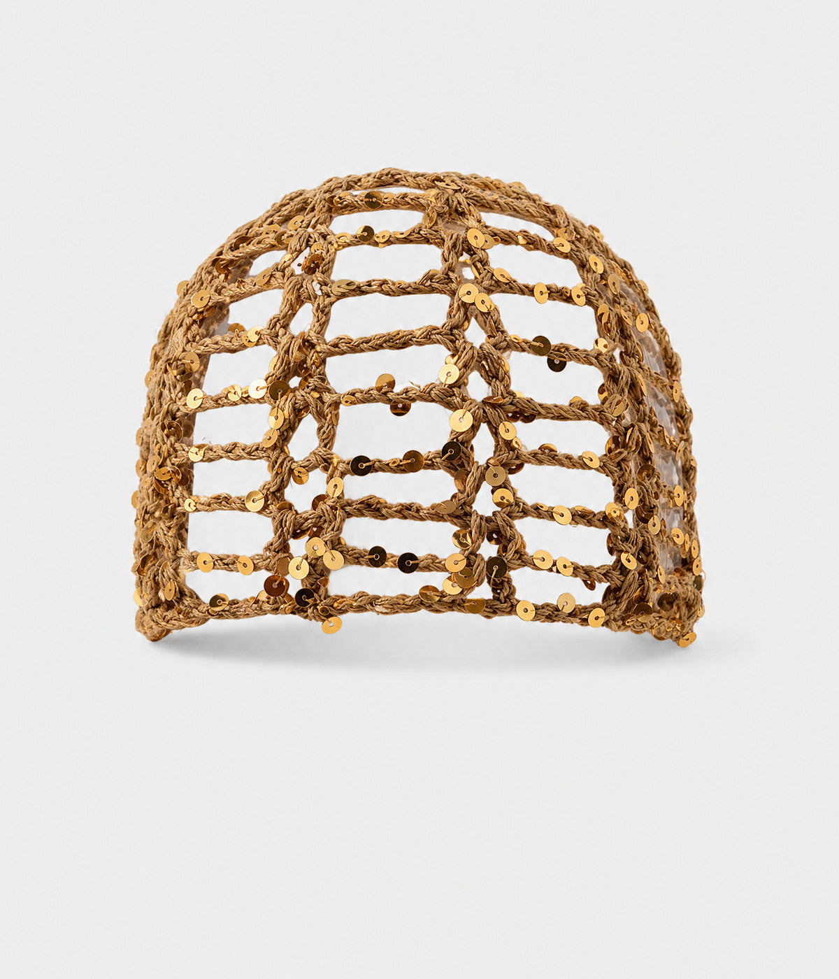 SEQUIN CROCHET CAP. open-work sequin crochet cap in khaki, front view