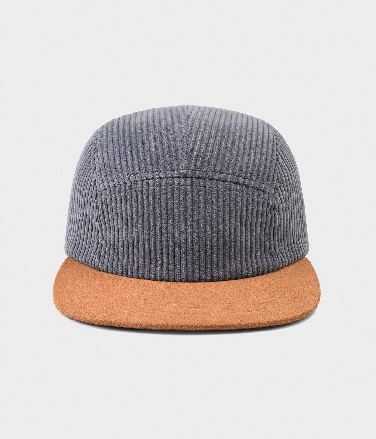 CORDUROY CAMP. wide-wale corduroy five-panel camp cap in gray, front view