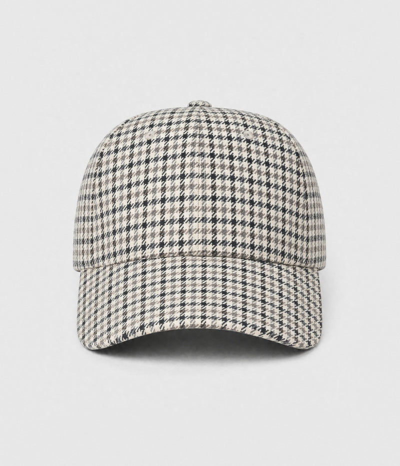 HOUNDSTOOTH. woven houndstooth check cap in beige, front view