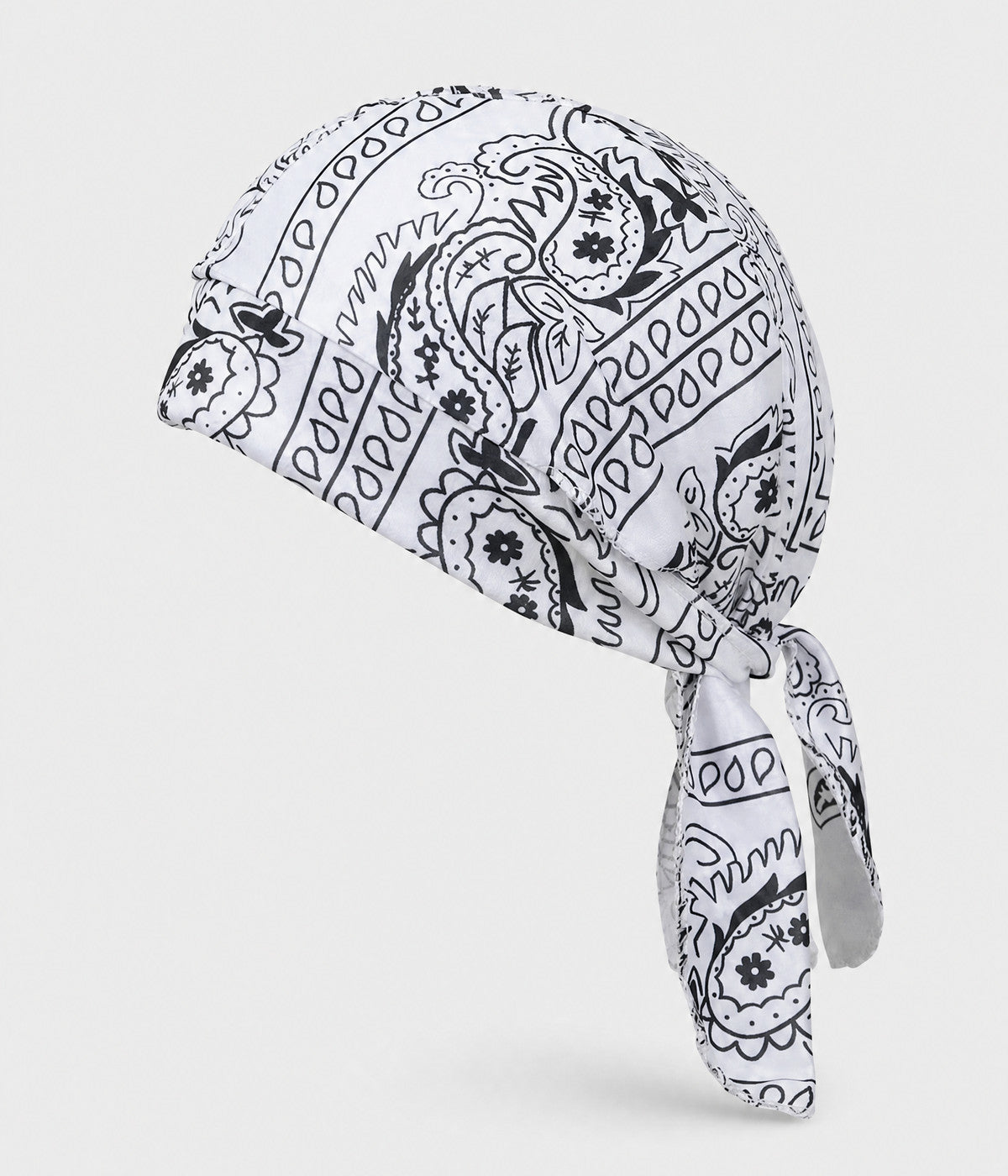 BANDANA CAP. pre-tied paisley bandana cap in white, front view