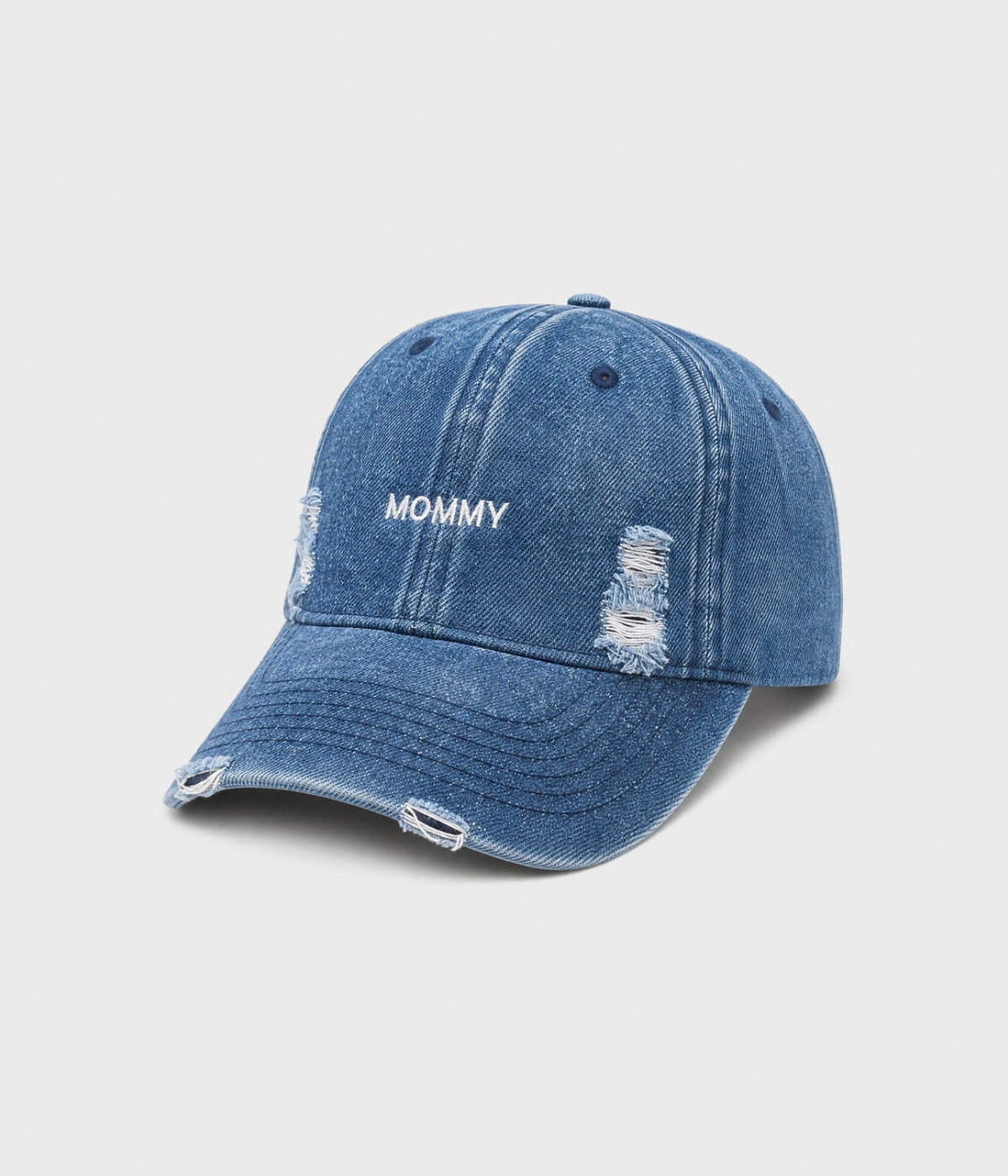 LIMITED EDITION — MOMMY. washed denim cap in blue, side view