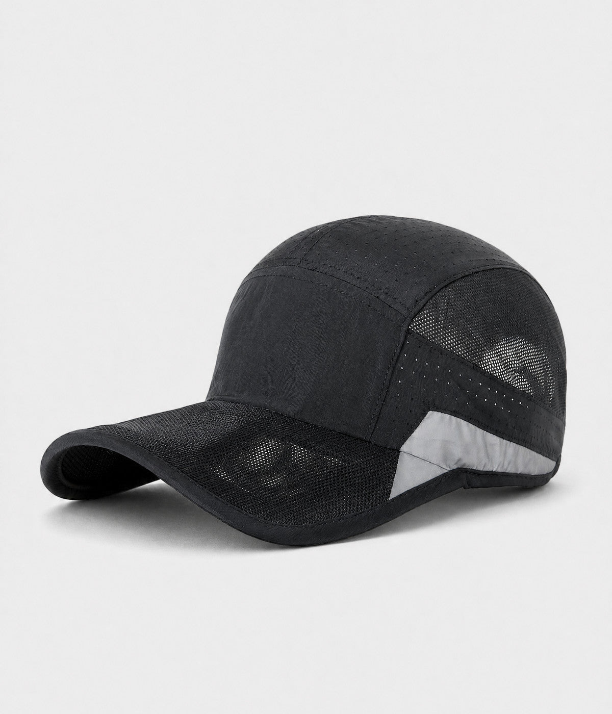 RUNNER CAP. perforated quick-dry running cap in black, side view