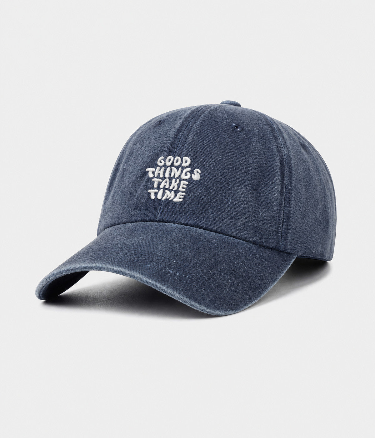 GOOD THINGS TAKE TIME. washed cotton dad cap in navy, side view