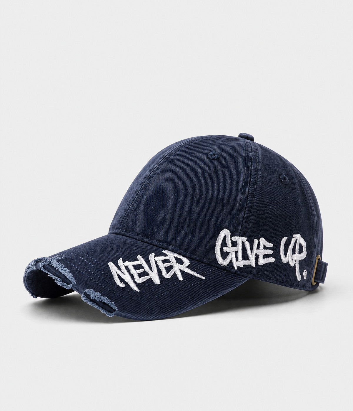 NEVER GIVE UP. washed distressed cotton dad cap in NAVY, side view
