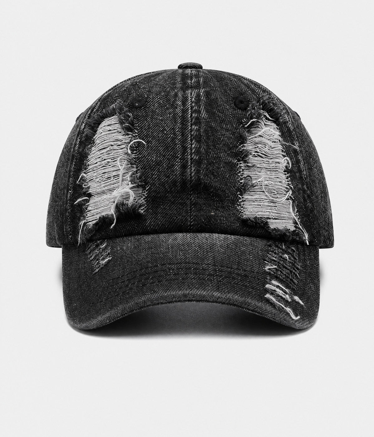 TORN DENIM. washed cotton denim cap in black, front view