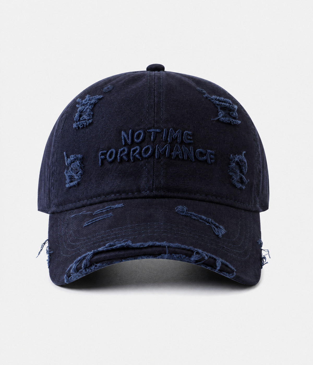 NO TIME FOR ROMANCE. washed cotton cap in NAVY, front view