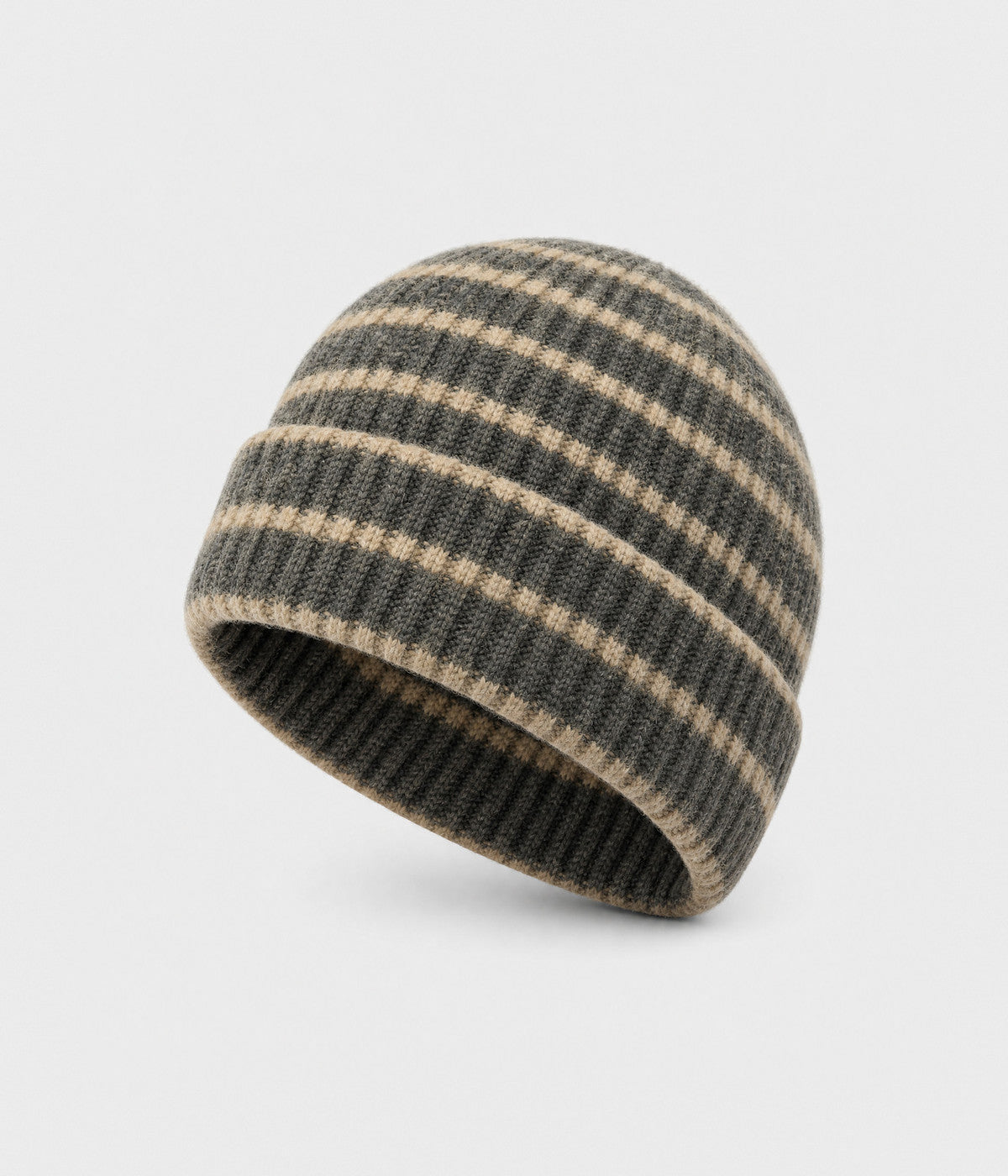 STRIPED BEANIE. ribbed knit beanie in grey, front view