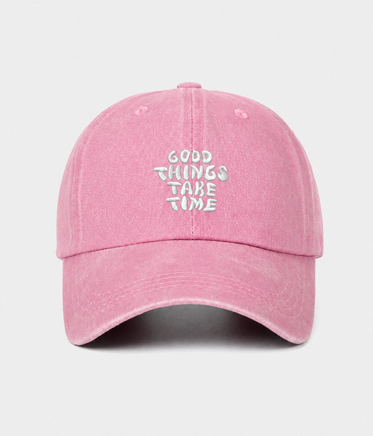 GOOD THINGS TAKE TIME. washed cotton dad cap in pink, front view