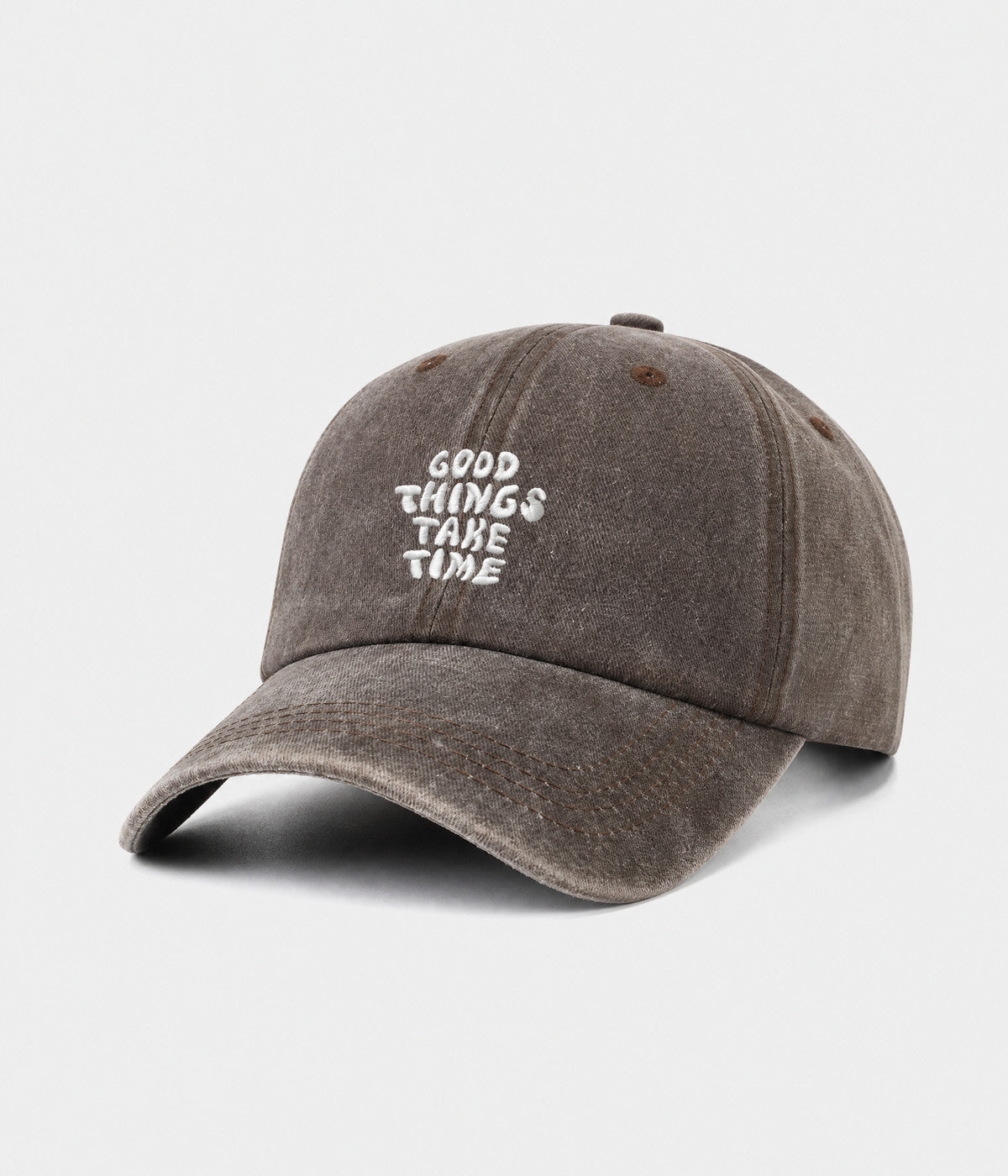 GOOD THINGS TAKE TIME. washed cotton dad cap in coffee, side view