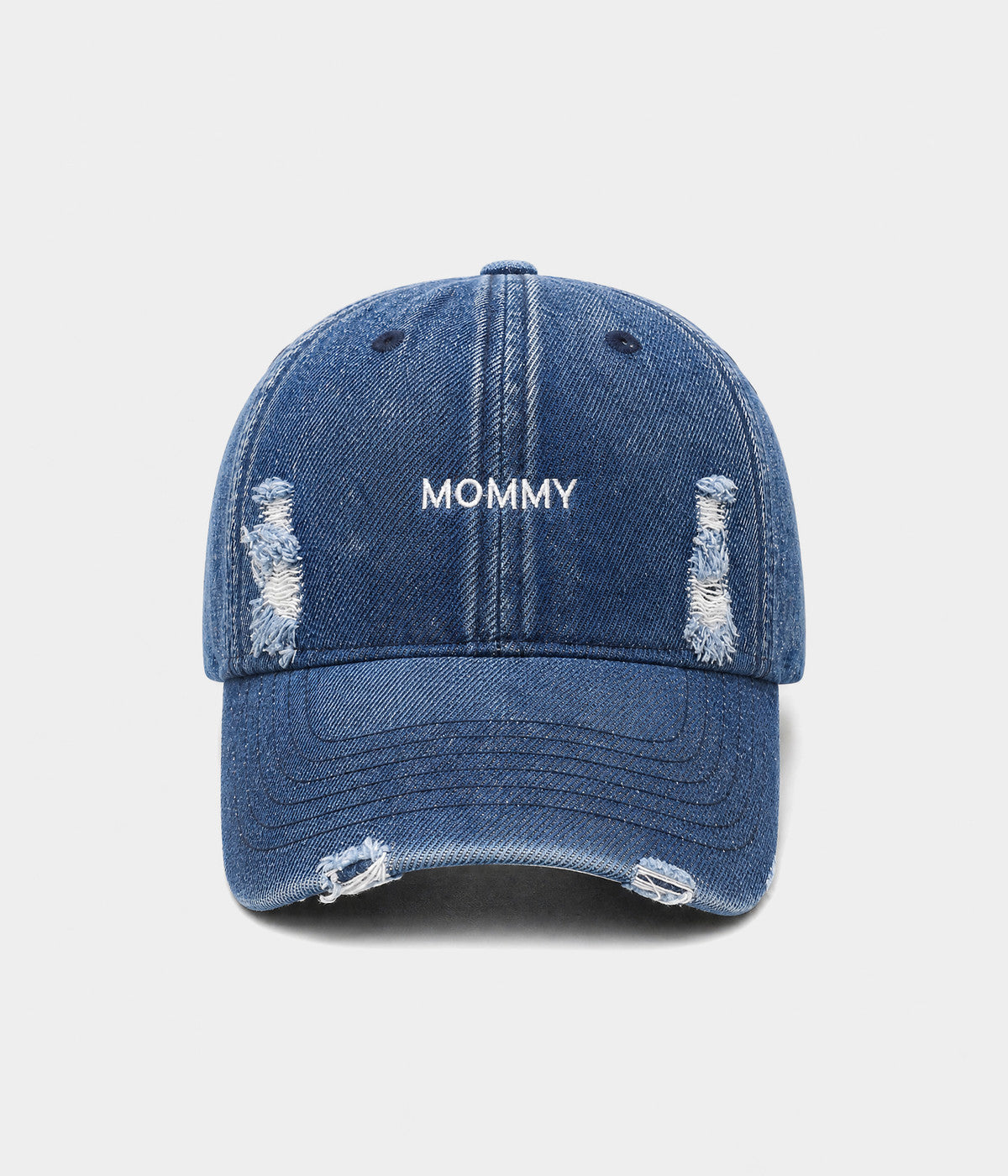 LIMITED EDITION — MOMMY. washed denim cap in blue, front view