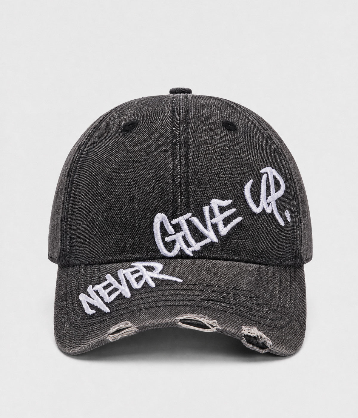 NEVER GIVE UP. washed distressed cotton dad cap in GRAY, front view