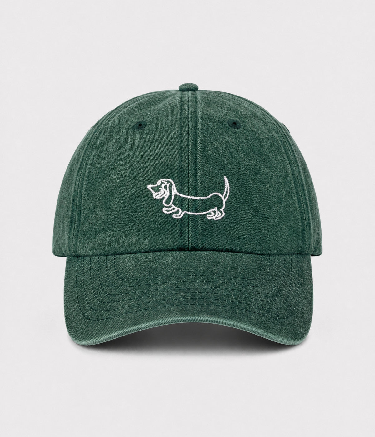 WASHED SAUSAGE DOG. washed cotton cap in GREEN, front view