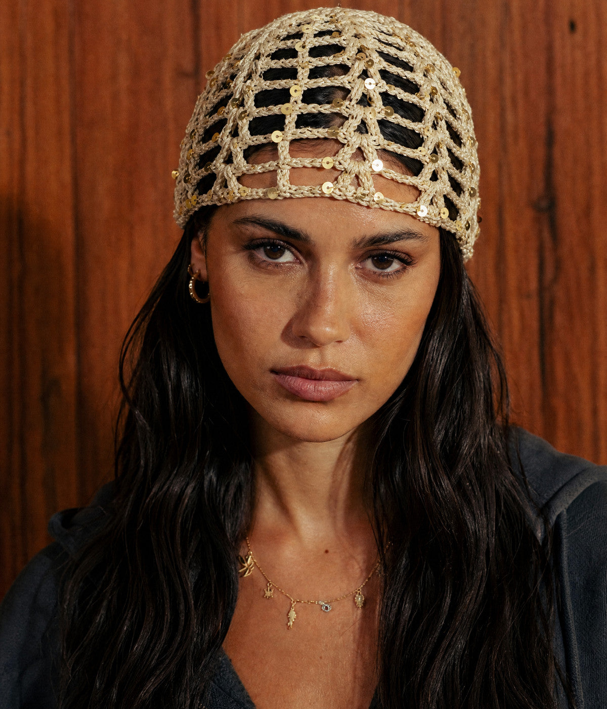 SEQUIN CROCHET CAP. — BEIGE worn