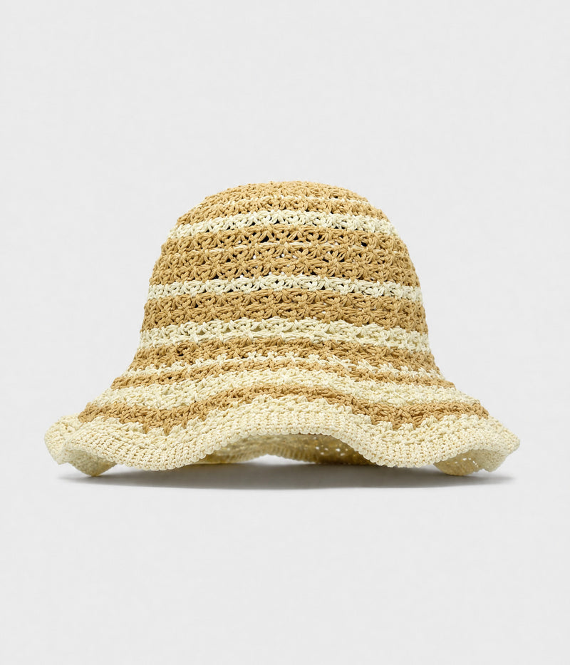 SCALLOPED CROCHET BUCKET. crochet bucket hat with wavy scalloped brim in khaki, front view