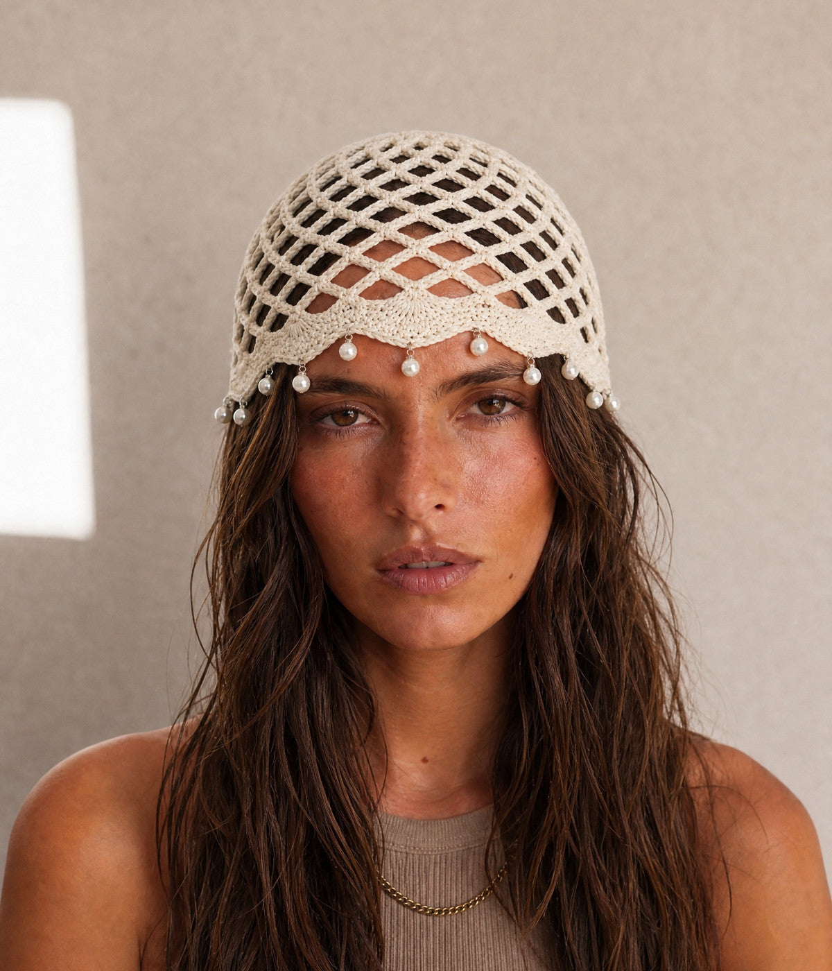 PEARL CROCHET CAP. — BEIGE worn