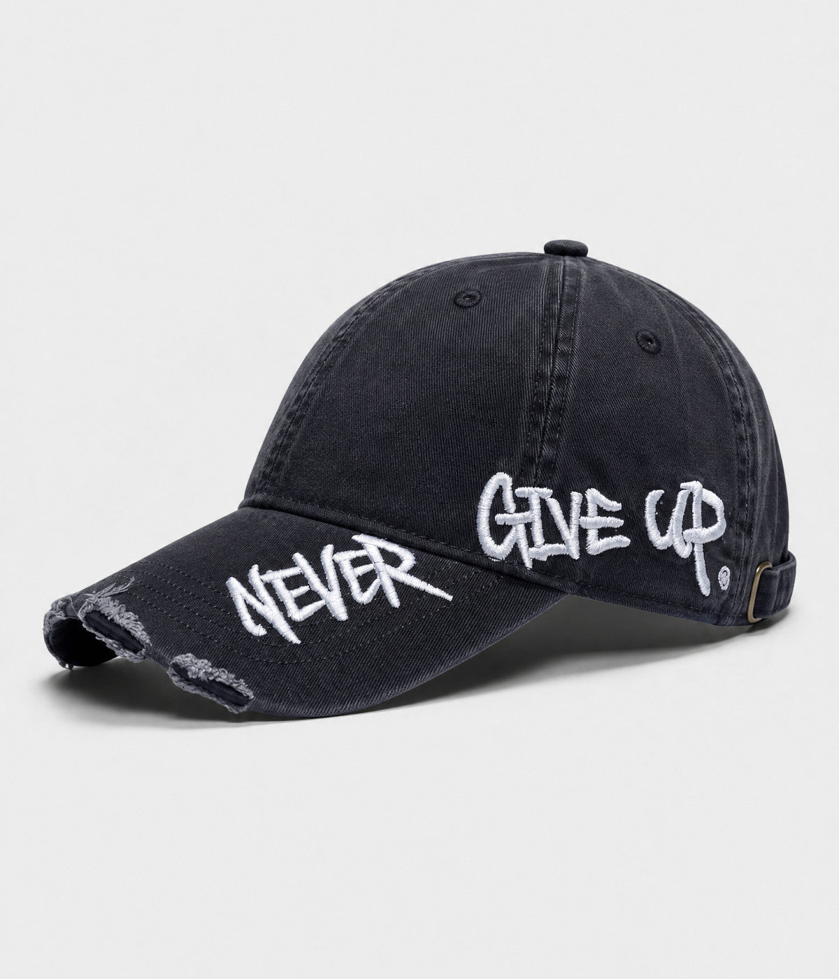 NEVER GIVE UP. washed distressed cotton dad cap in BLACK, side view