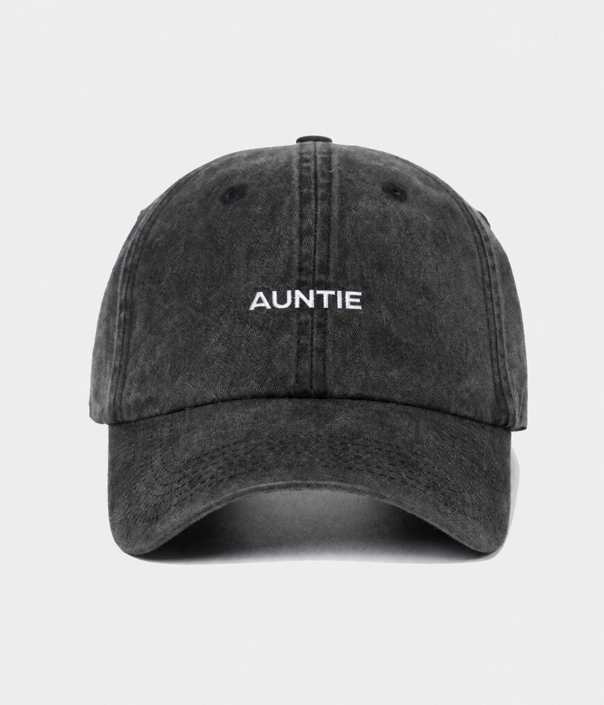 WASHED AUNTIE. washed cotton dad cap in BLACK, front view