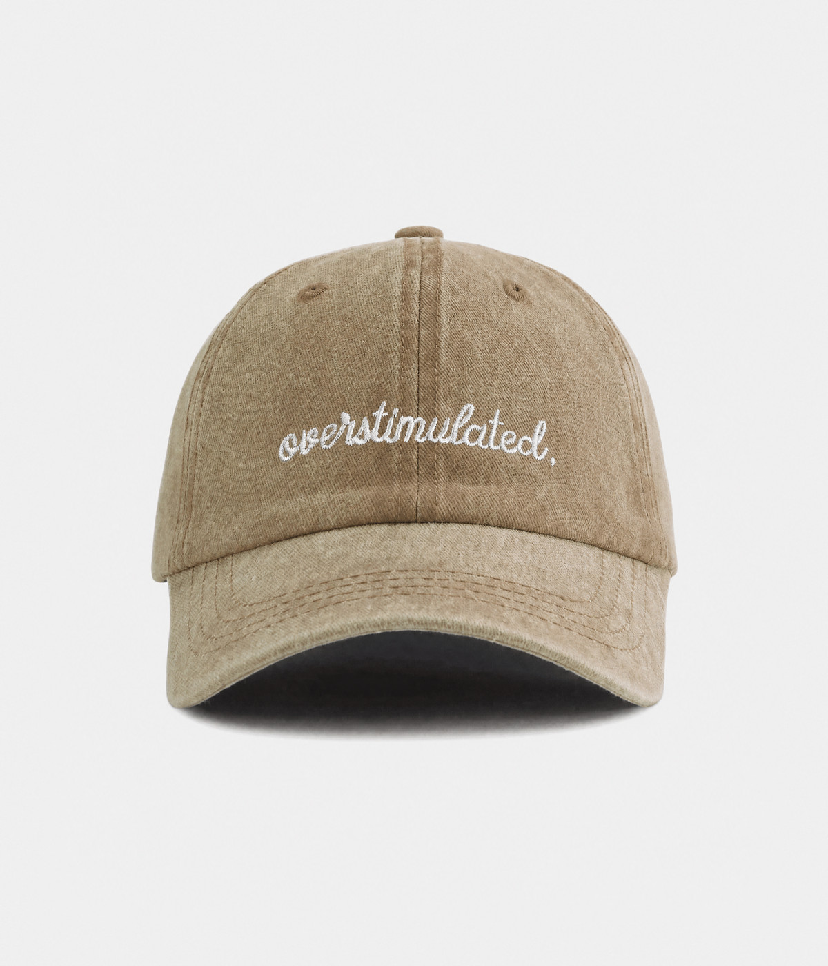 OVERSTIMULATED. washed cotton dad cap in khaki, front view