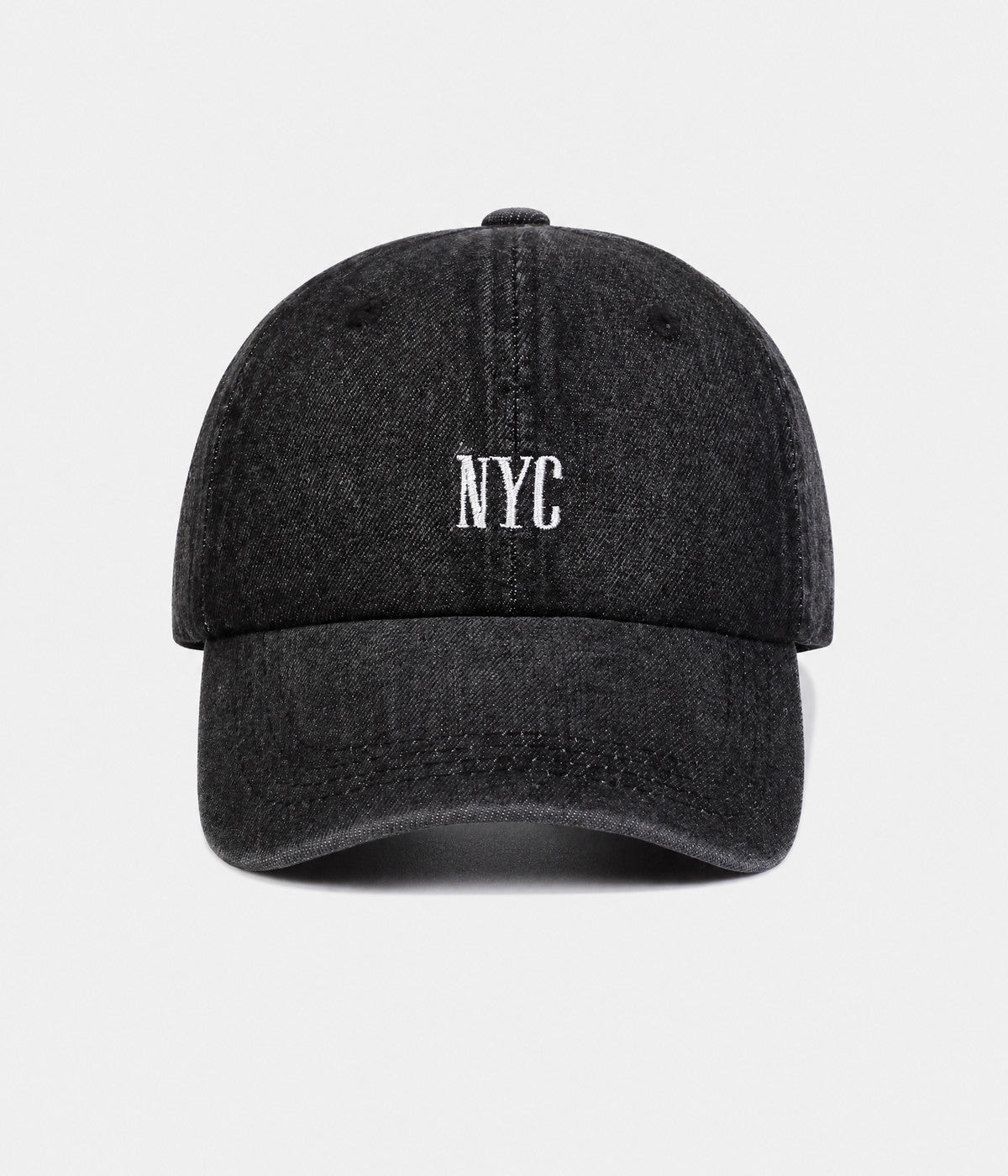 NYC DENIM. washed cotton denim cap in BLACK, front view