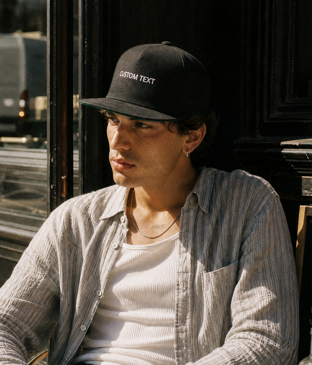 CUSTOM FLAT BILL CAP. — BLACK worn