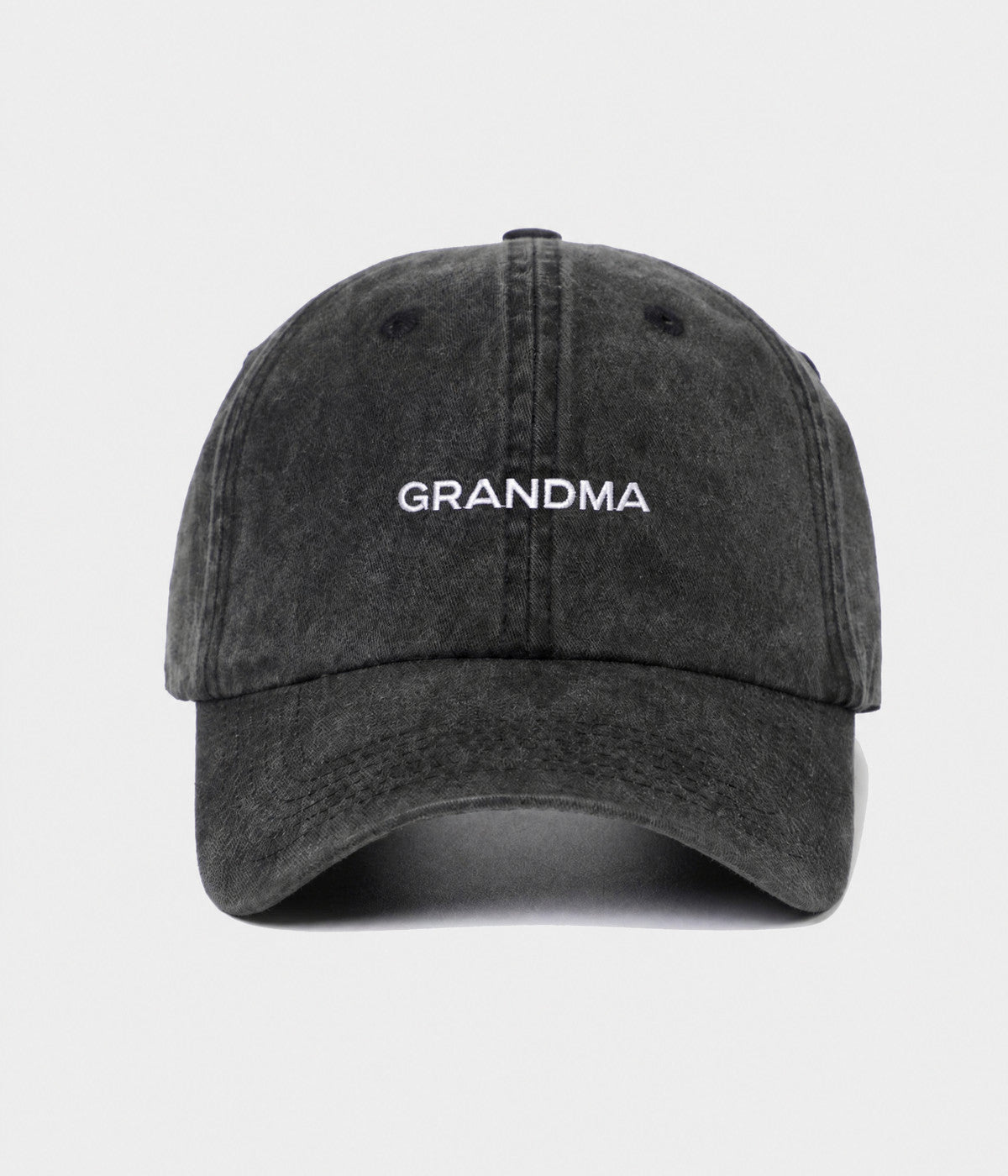 WASHED GRANDMA. washed cotton dad cap in BLACK, front view
