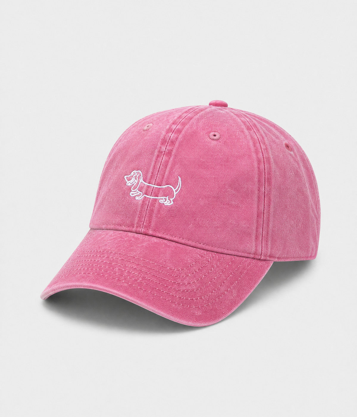 WASHED SAUSAGE DOG. washed cotton cap in PINK, side view