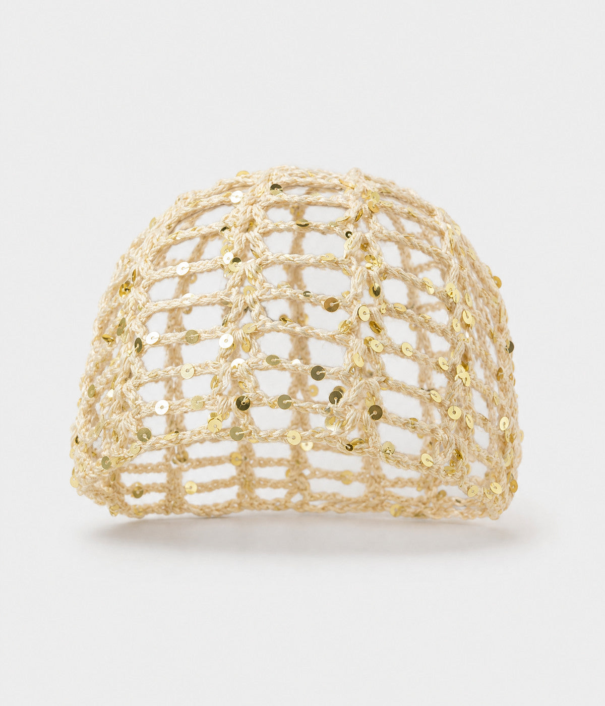 SEQUIN CROCHET CAP. open-work sequin crochet cap in beige, front view