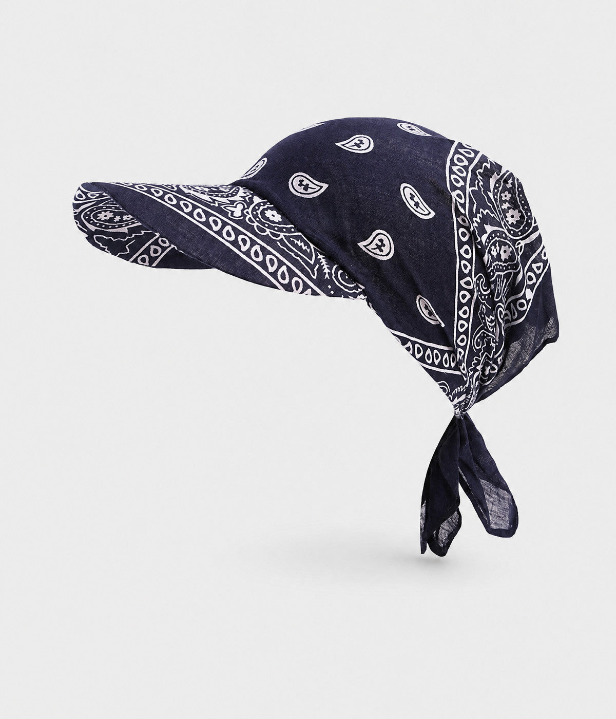 PEAKED BANDANA CAP. peaked paisley bandana cap in navy, front view