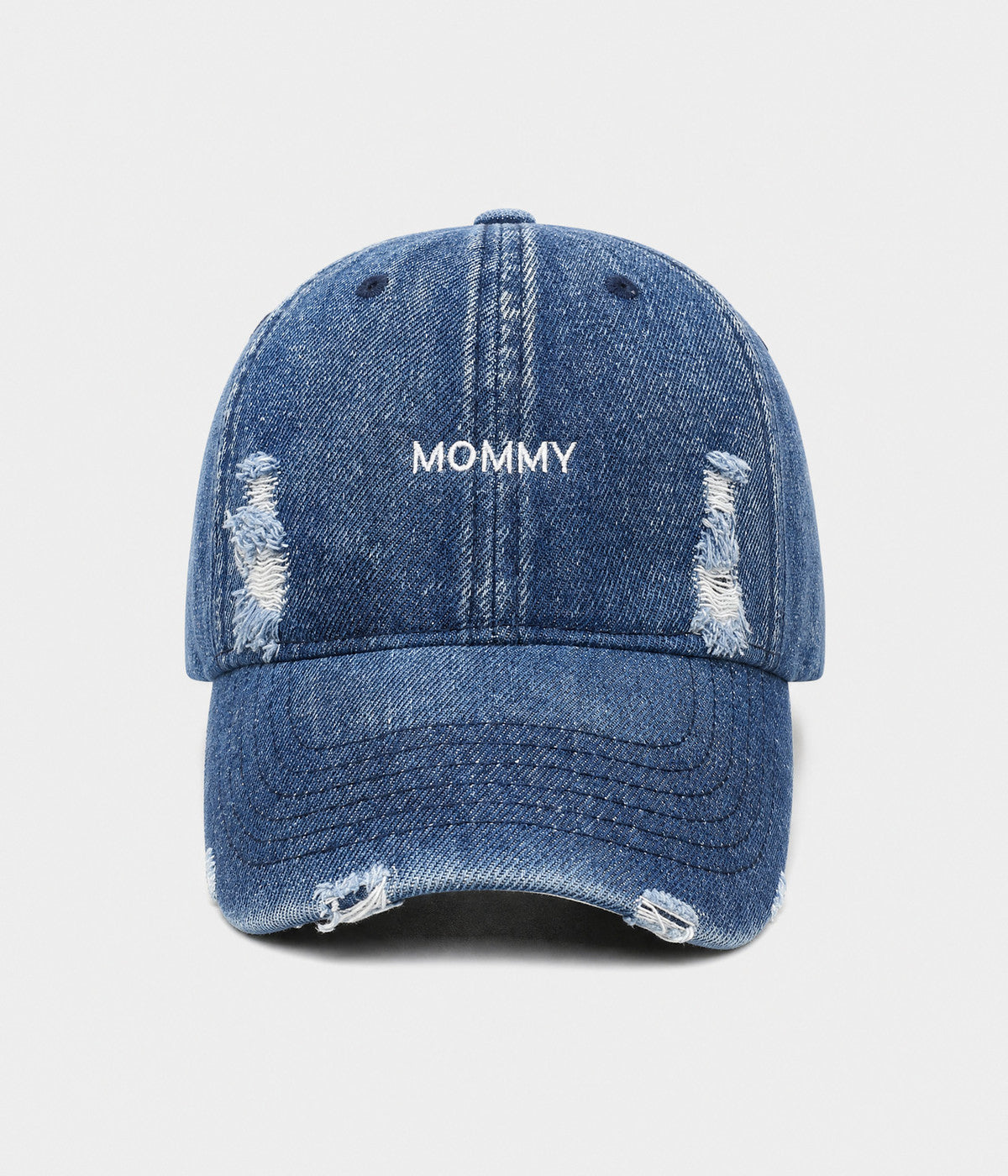 DENIM MOMMY. washed denim cap in blue, front view