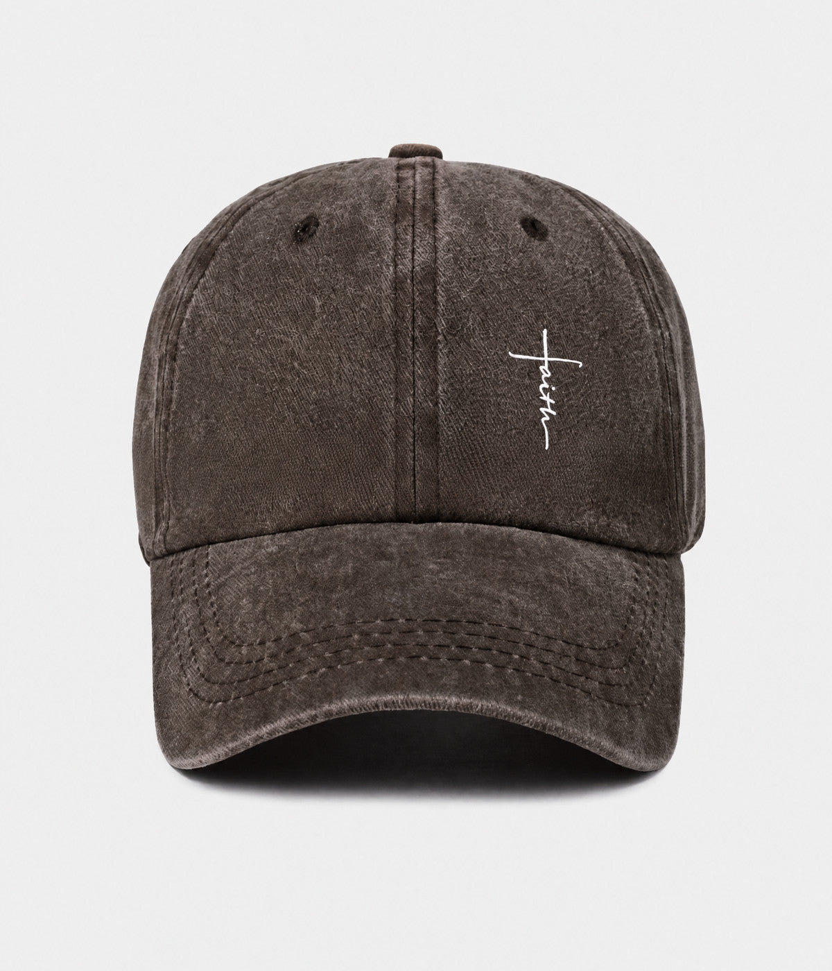 FAITH CROSS. washed cotton cap in COFFEE, front view