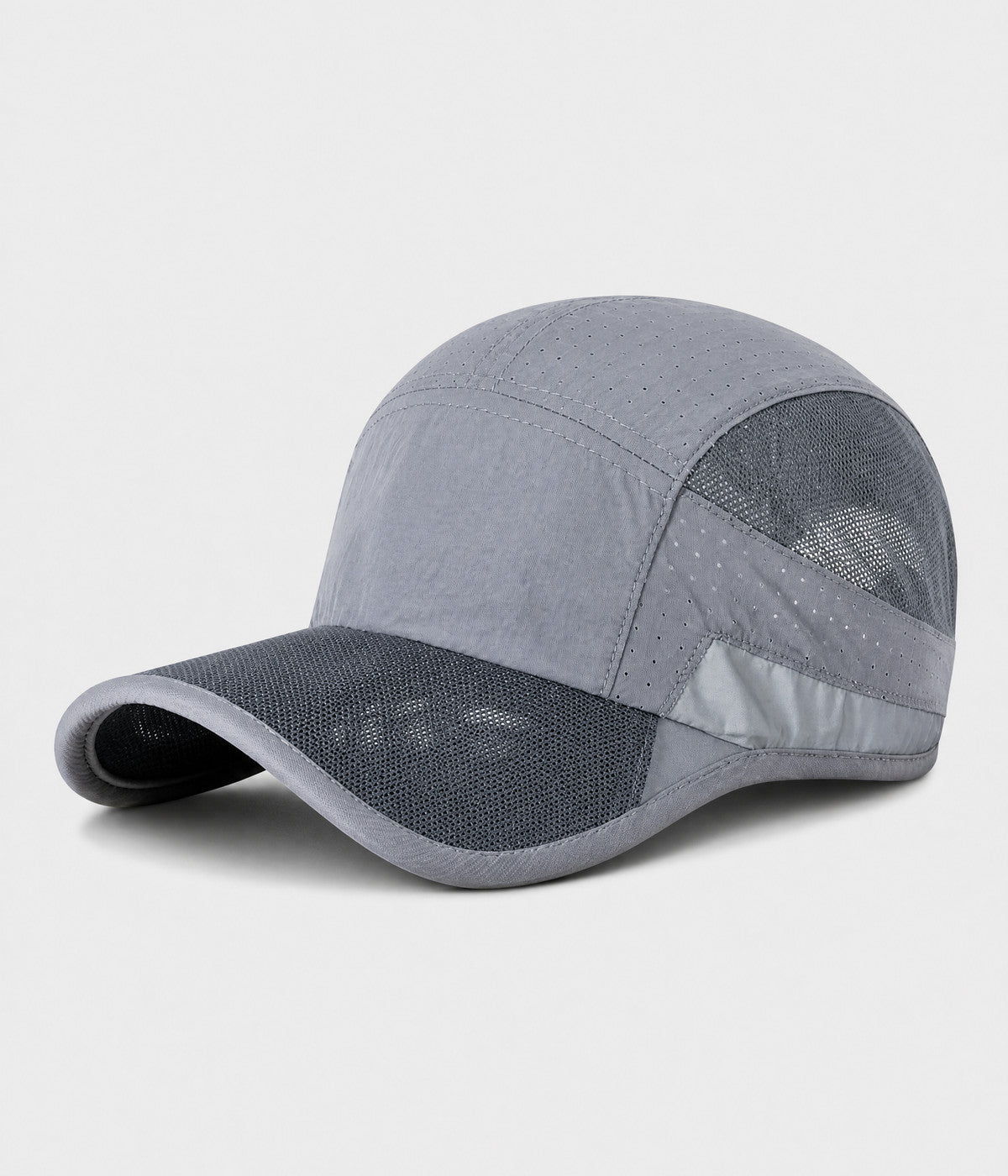 RUNNER CAP. perforated quick-dry running cap in gray, side view