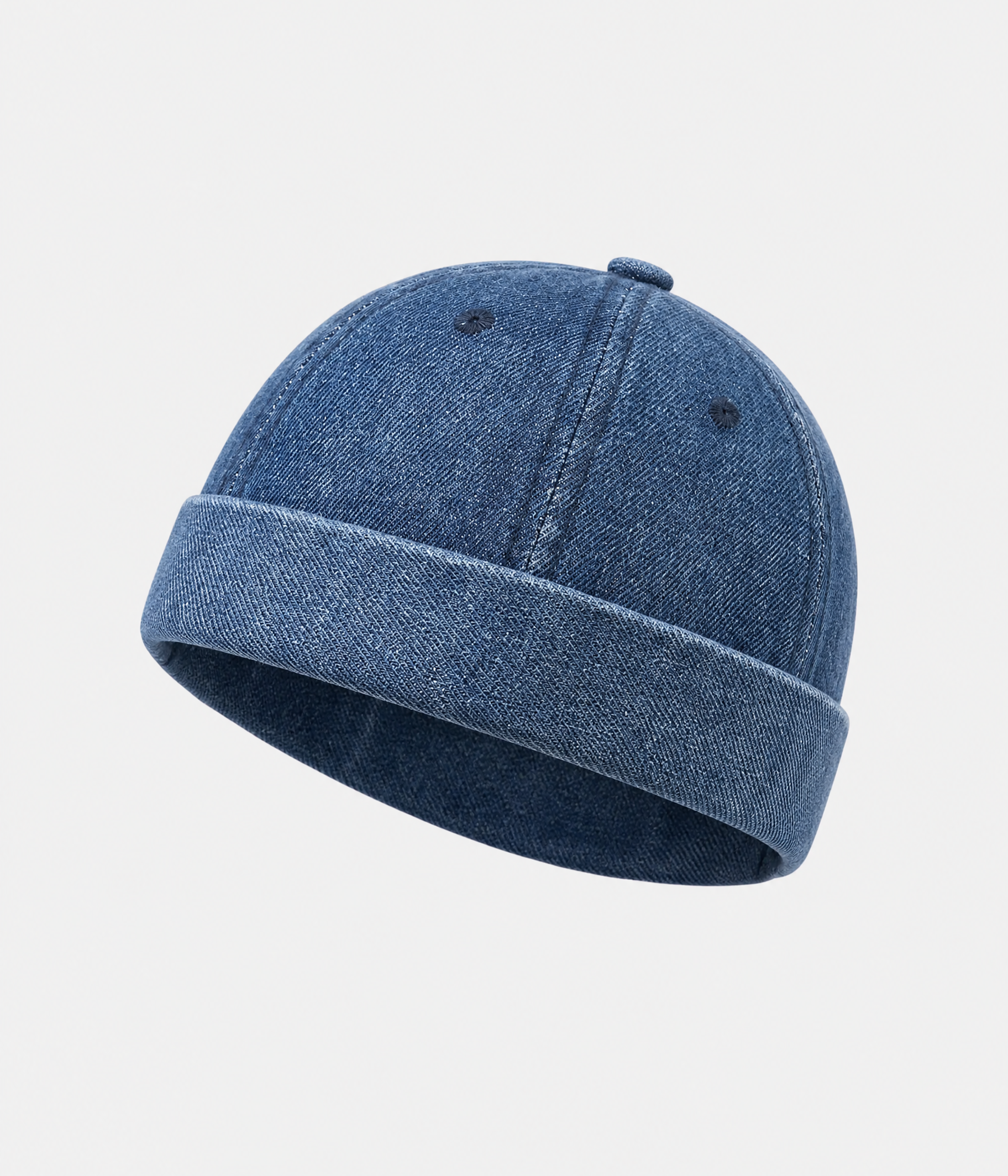 WASHED DENIM FISHERMAN BEANIE. navy front