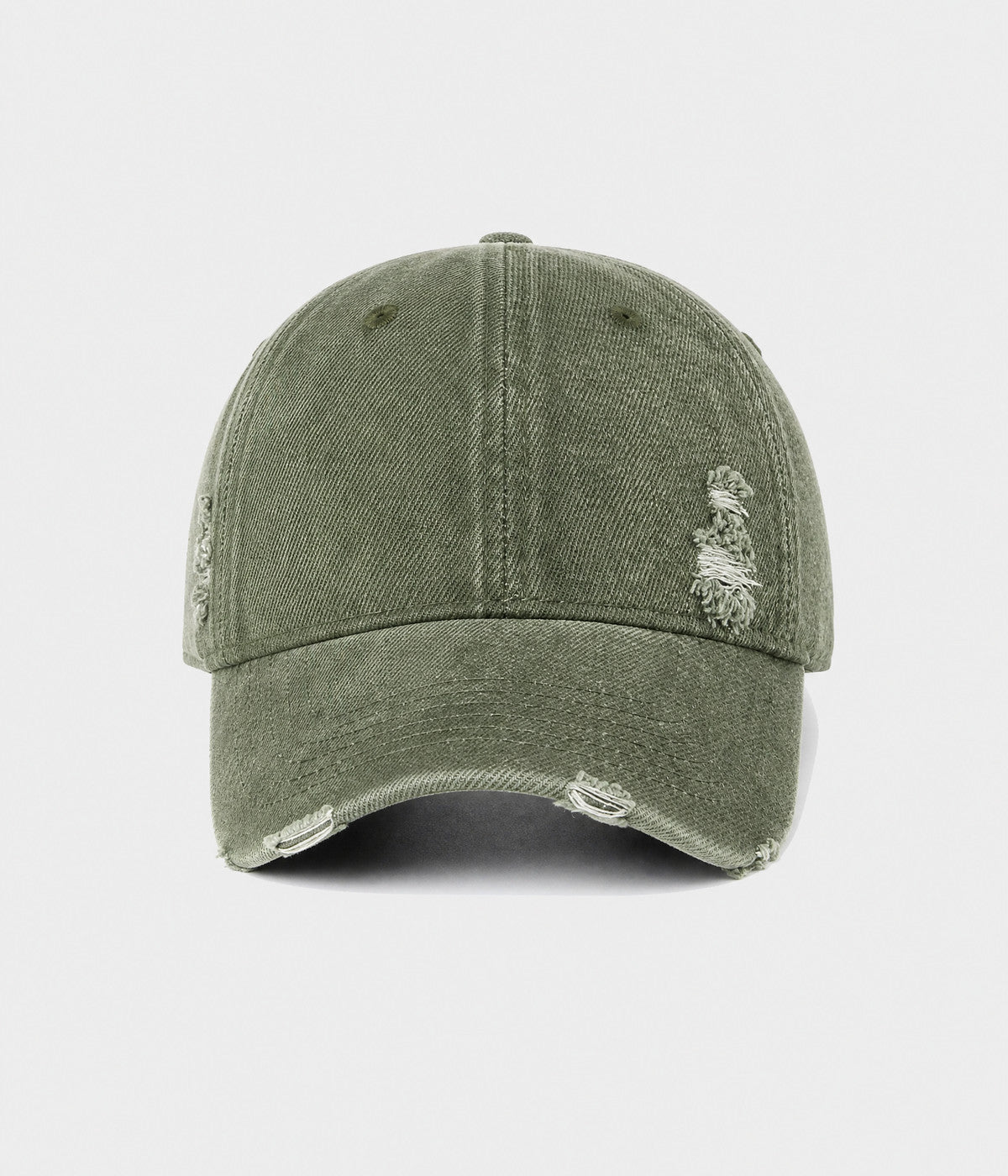 RIPPED DENIM. washed cotton denim cap in dark green, front view