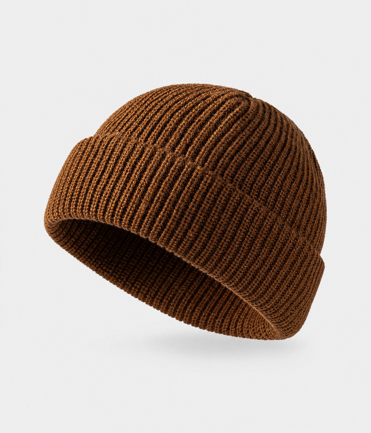 5 PANEL FISHERMAN BEANIE. ribbed knit beanie in CARAMEL, front view